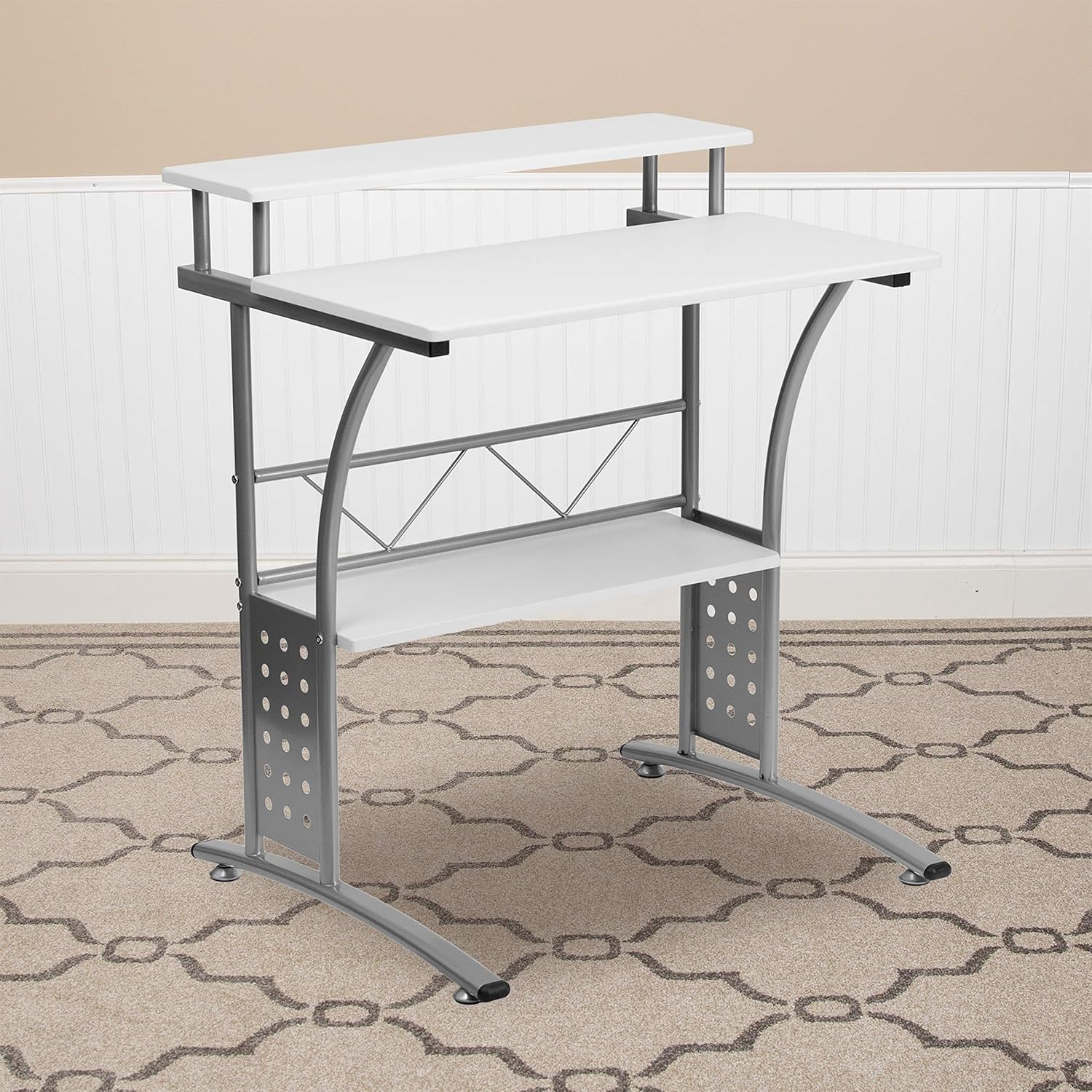 Scranton & Co Wood Office Computer Desk with Silver Frame in White