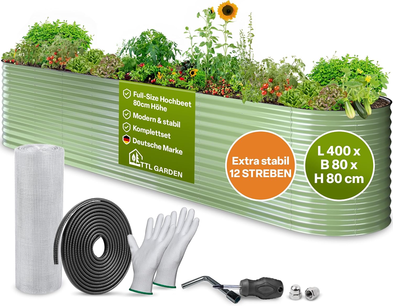 TTL GARDEN 320x80x80cm Nature XL Metall Hochbeet Salbei-Grün - Stahl rostfrei verzinkt &amp; lackiert Wellblech oval 80cm hoch sehr stabil Garten Beet für Gemüse Kräuter Blumen Gartenbeet Gemüsebeet
