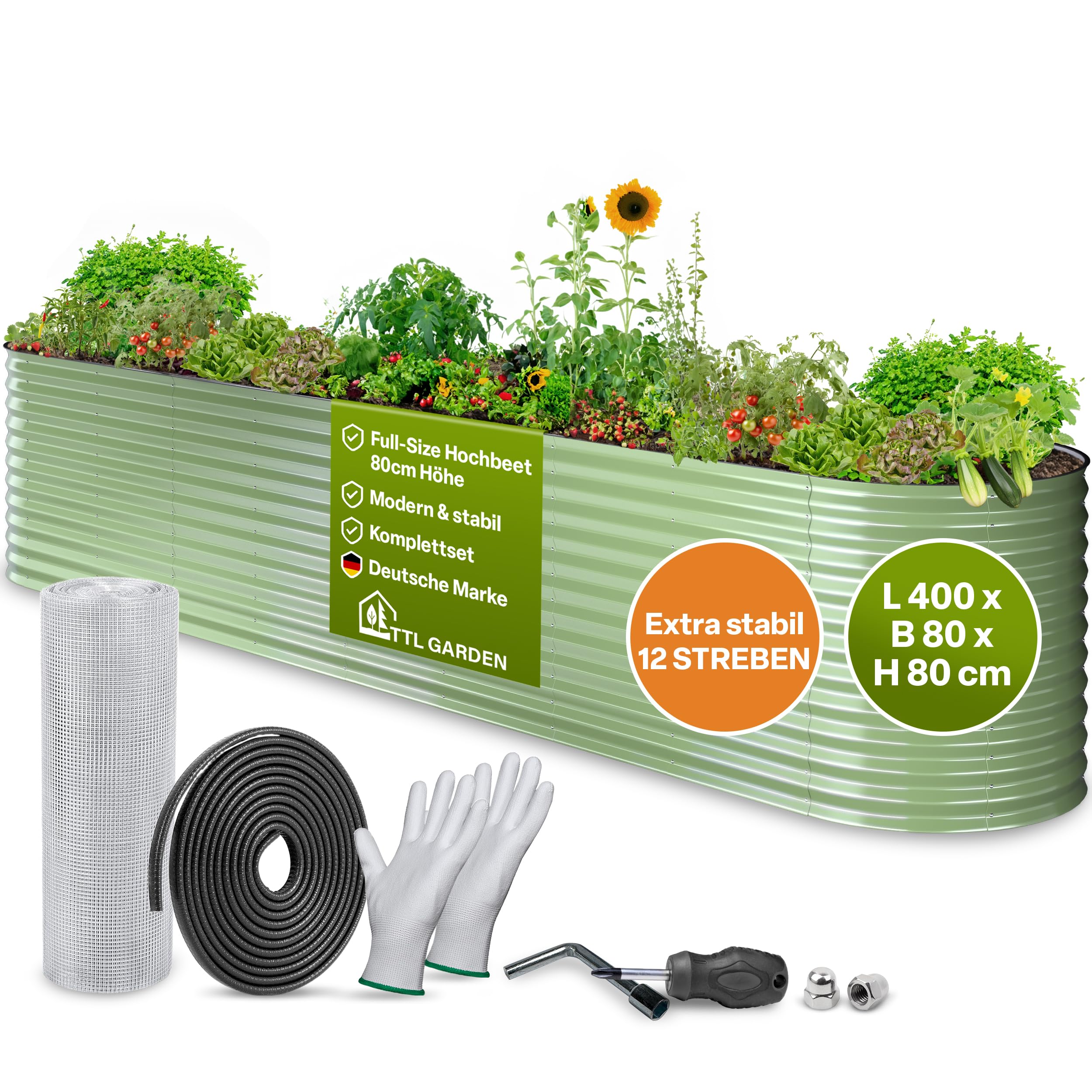 TTL GARDEN 400x80x80cm Nature XXL Metall Hochbeet Salbeigrün Stahl verzinkt | - Rostfrei verzinkt lackiert Wellblech oval 80cm hoch sehr stabil Garten Beet für Gemüse Kräuter Blumen Gartenbeet Gemüsebeet