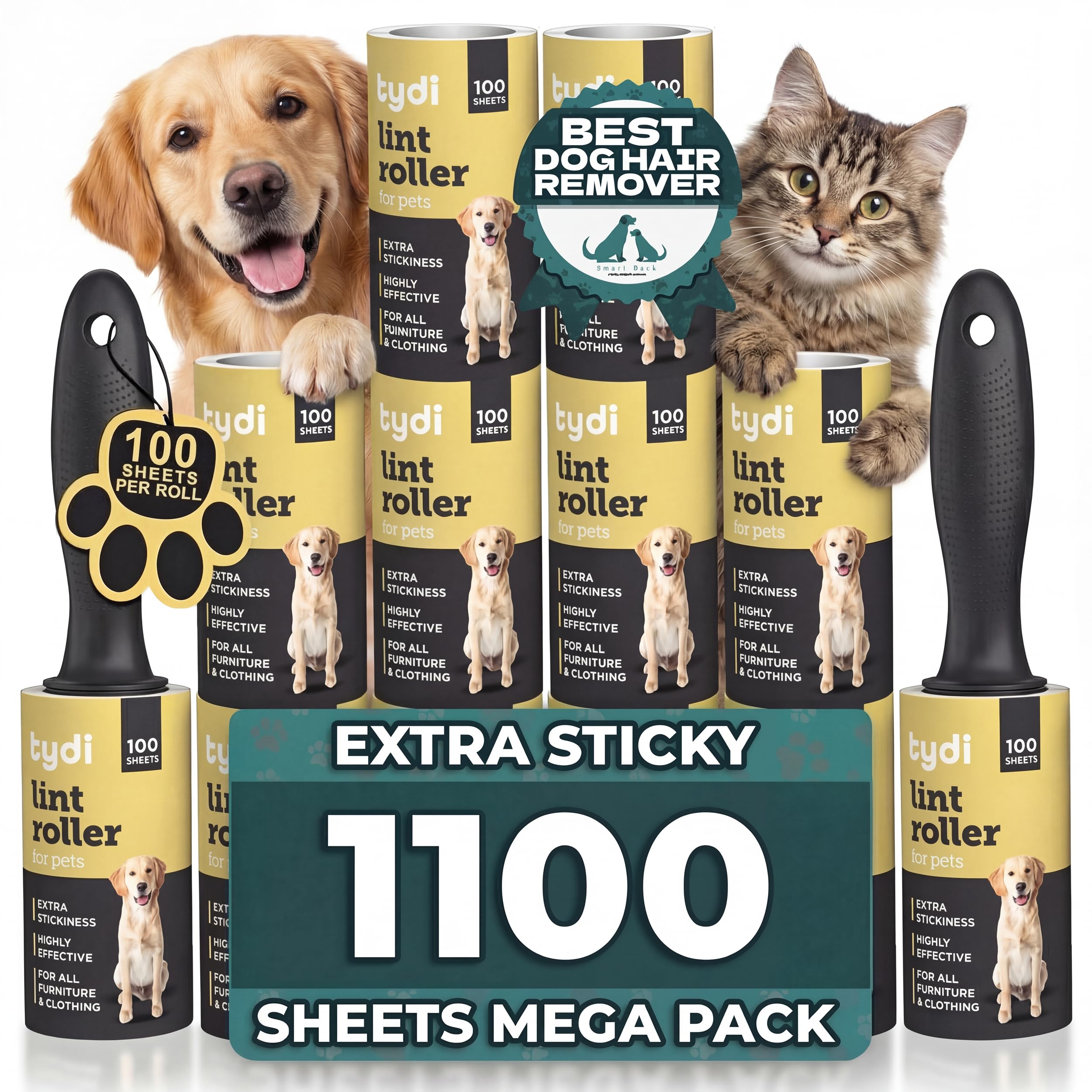 Tydi - Pet Lint Rollers - Extra Sticky Large Lint Rollers for Pet Hair - 1100 Sheets & 2 Handles - Sticky Rollers for Pet Hair - Pet Lint Roller