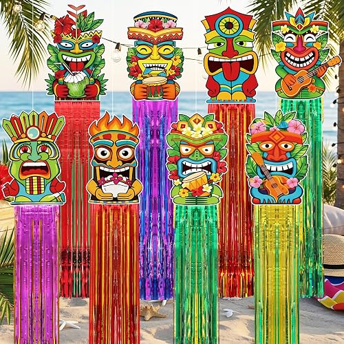 6 Pcs Hawaiian Luau Party Decoration 3.1 ft Tiki Totem Hanging Decorations with 