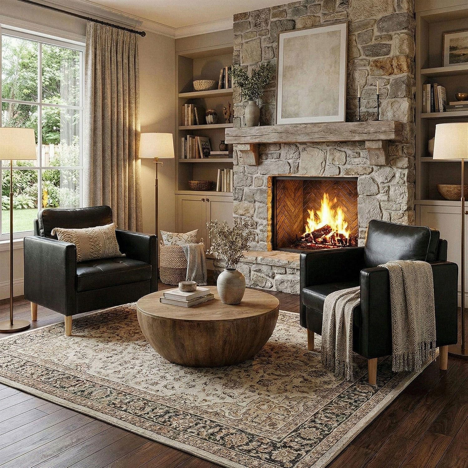 STHOUYN Black Leather Accent Chair Set of 2, Living Room Chairs w/Solid Wood Legs, Mid Century Modern Reading Chair for Bedroom, Upholstered Comfy Armchair, Waiting Room Office Accent Chair, Black(2)