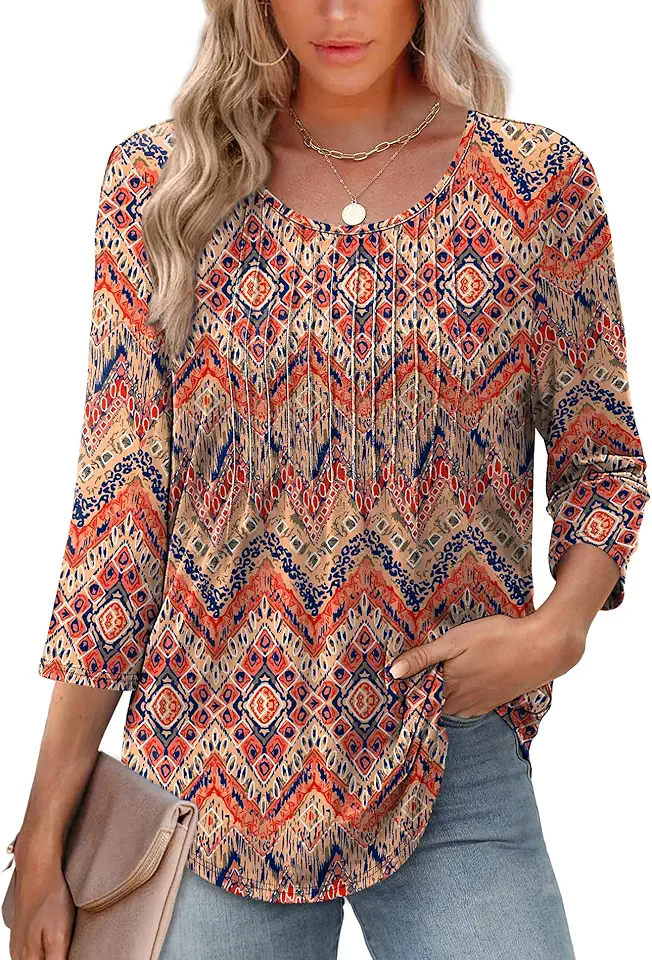 XIEERDUO 3/4 Length Sleeve Tops for Women 2025 Crewneck Casual Pleated Tunic Tops Loose Fit Shirts Blouses