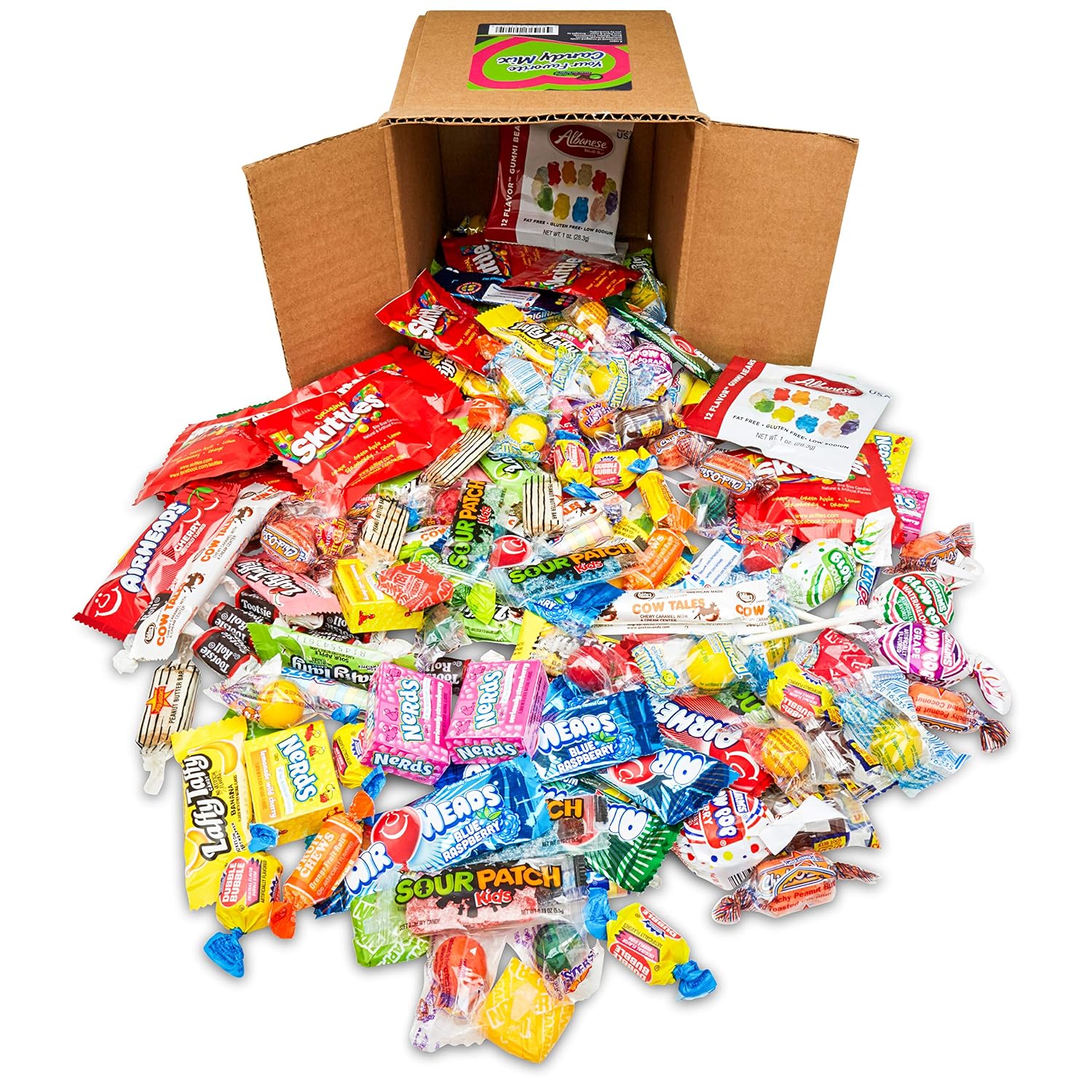 Your Favorite Mix Of Brand Name Candy! - 3 Pound Box of Gummi Bears, Tootsie Rolls, Skittles, Lemon Heads, Jaw Busters & More By Snackadilly (In a 6 inch cube box), Make a great gift!