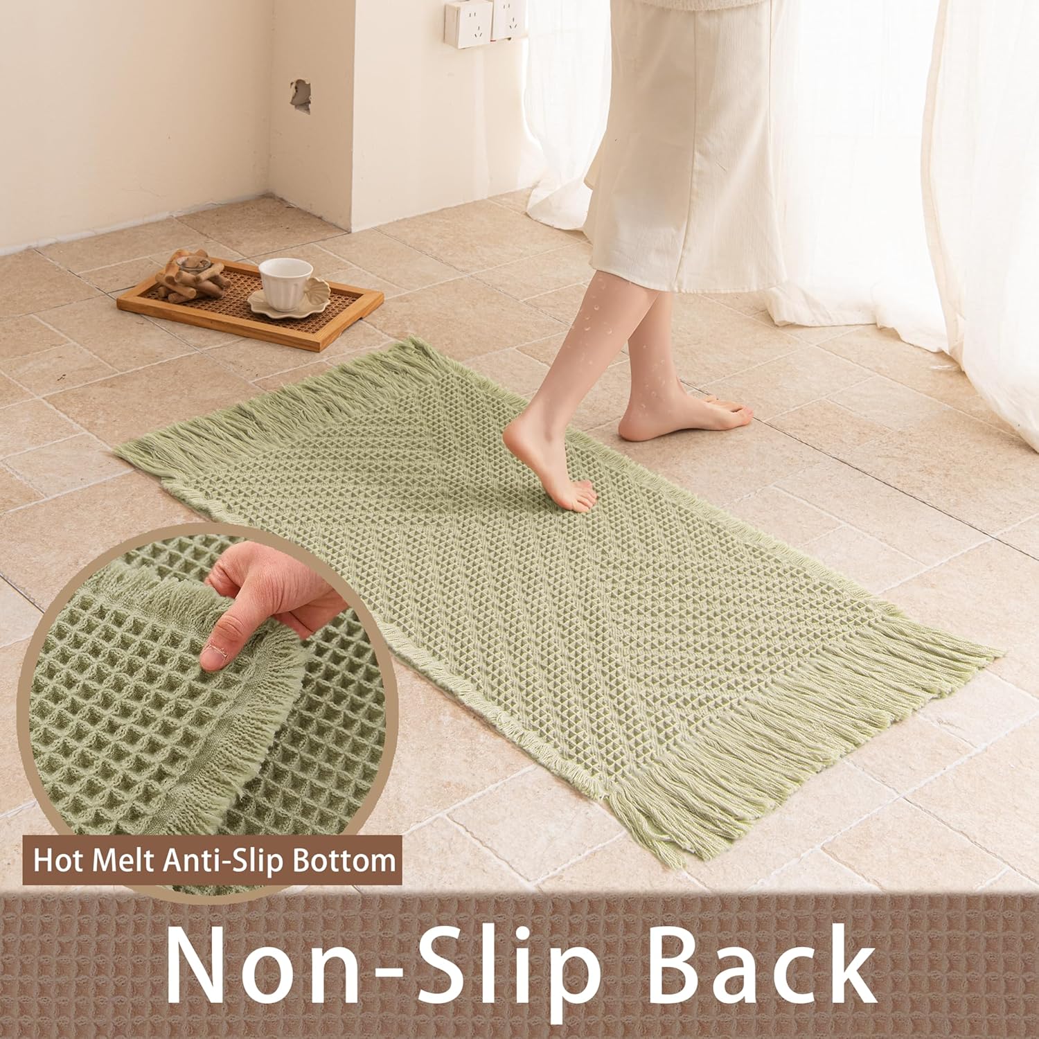 Waffle Bath Mat Non Slip, Boho Bathroom Rug, Super Absorbent Quick Dry Bathroom Mat, Soft Farmhouse Bath Rug with Tassels, Small Washable Shower Mats for Floor 24"x36", Tassels Sage Green