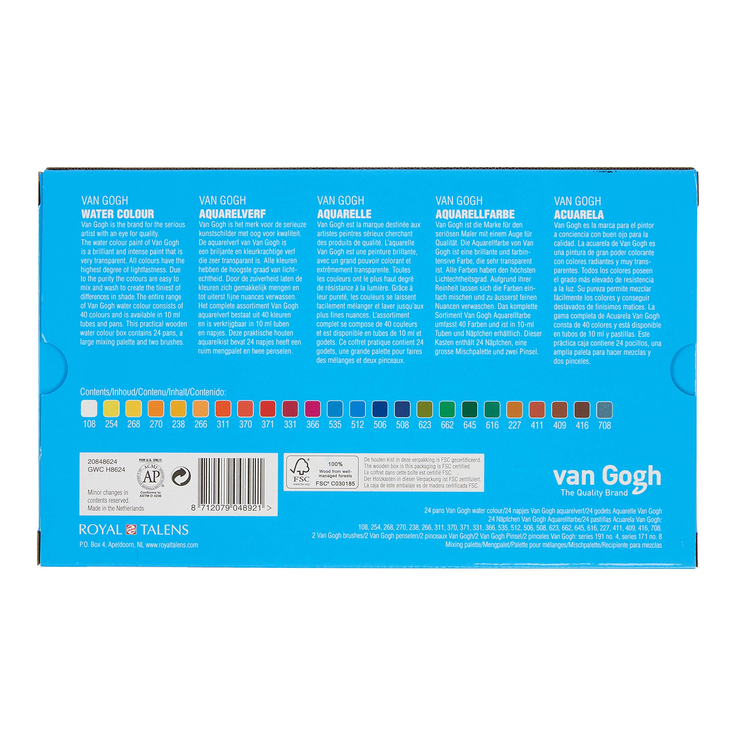 24 Näpfchen Feine Van Gogh Künstler Aquarellfarben im Holz-Aquarellkasten incl. Pinsel und Mischpalette Geschenkset