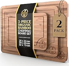 مجموعة الواح تقطيع من الخيزران مكونة من 3 قطع من دير اند اوك (قطعتين)، الواح تقطيع خشبية مطلية مسبقا للمطابخ 33 × 24 سم، 28 × 20 سم، 22 × 15 سم، مع مقبض جانبي واخاديد