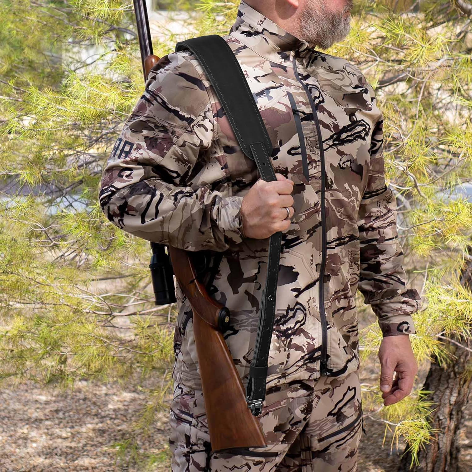 Aisin Gioro Rifles Slings, 2.5" Wide Double Layer Crazy Horse Cowhide Leather Gun Sling Adjustable Replacement with Gun Sling Swivels(Black Leather)