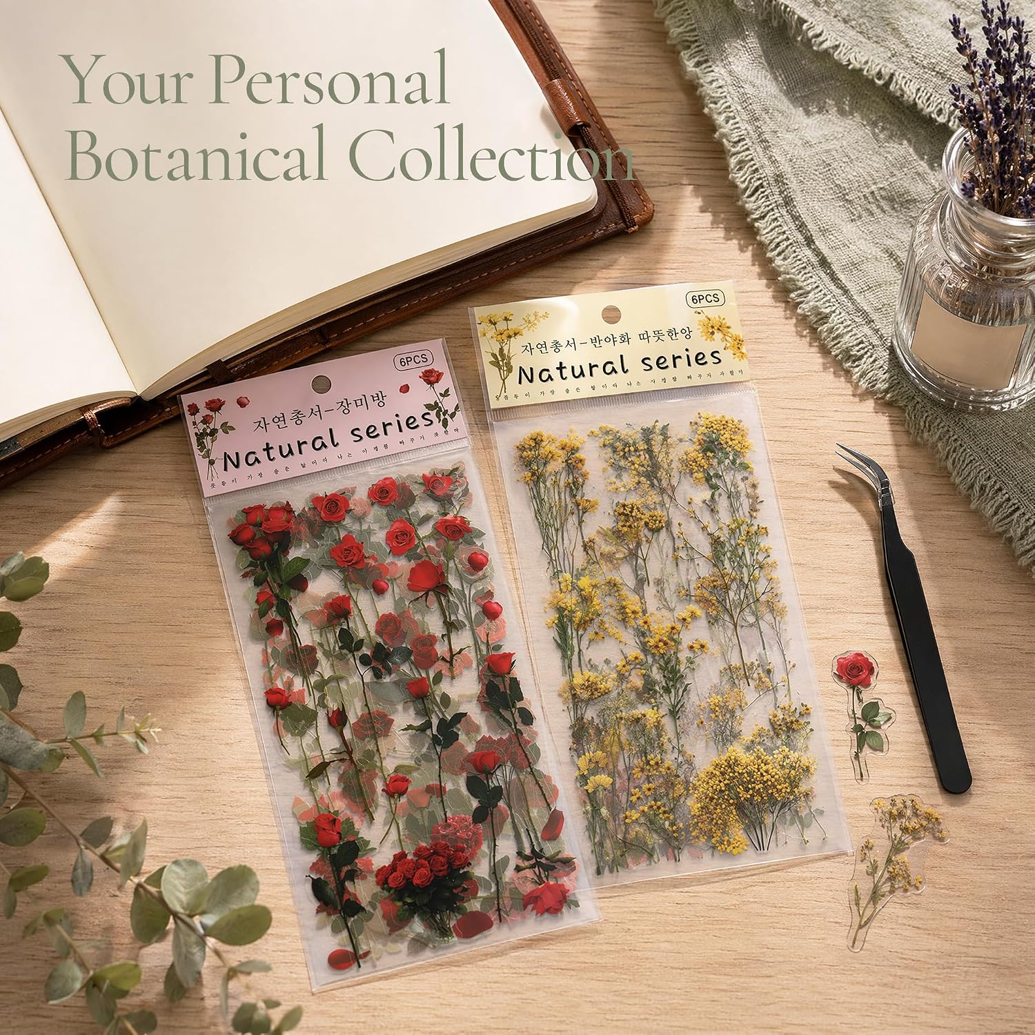 Flower Stickers 576+ PCS Vintage PET with Tweezer for Journals
