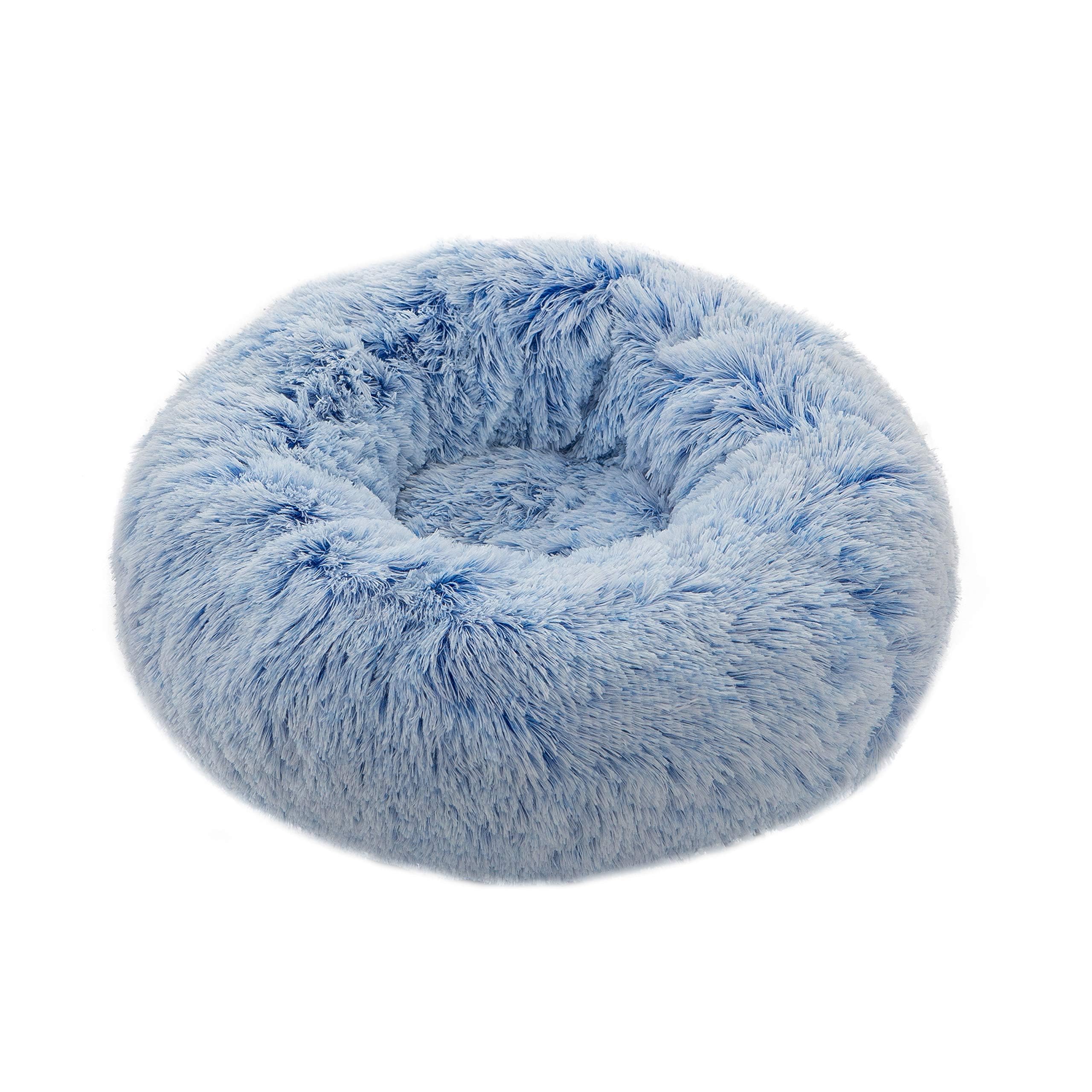 DreamQuil Dog Bed for Small Dogs, Calming Donut Washable Cat Bed Two Tone Shaggy Fluffy fur Round Cuddler Dog Anxiety Relief Pet Cushion Beds, 50cm Diameter, Blue