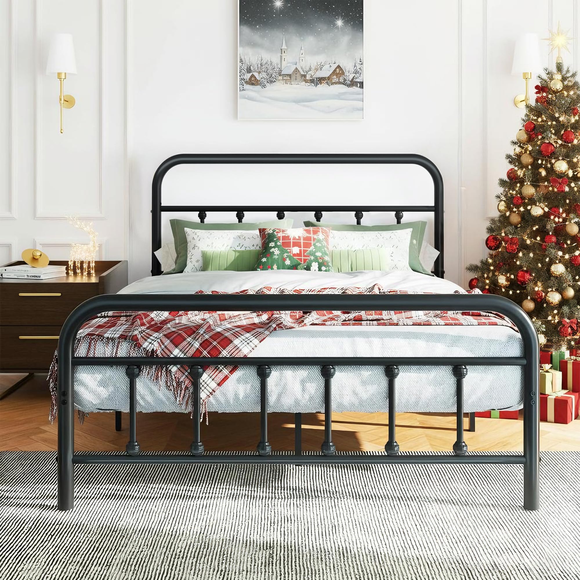 Shintenchi King Size Metal Platform Round Bed Frame with Headboard Footboard Steel Slat Mattress Foundation Under Bed Storage