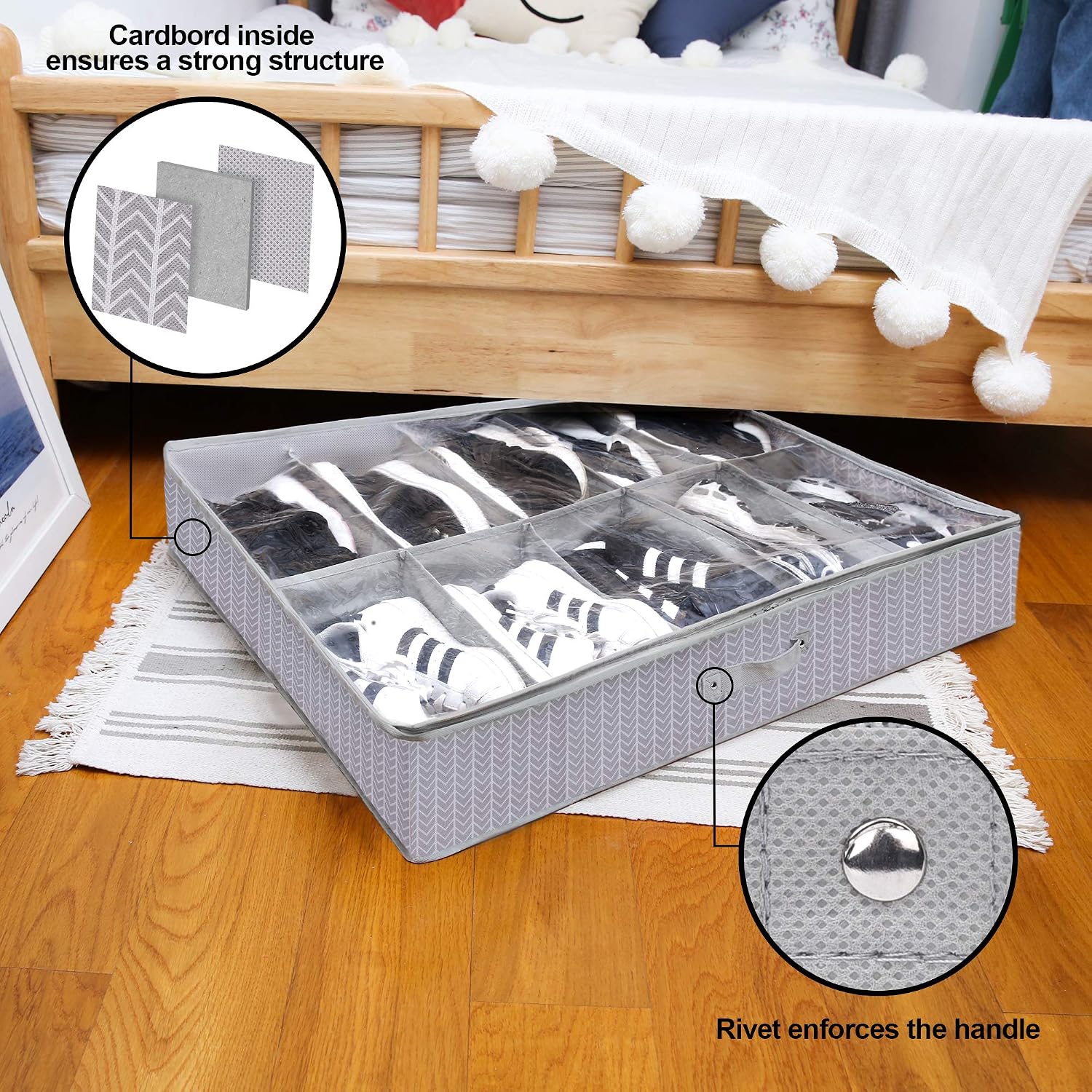 GRANNY SAYS Under Bed Shoe Storage Container, Breathable Under Bed Storage Bags with Zippers and Handle, Dividers Shoe Storage Bin Solution, Gray/White, 2-Pack