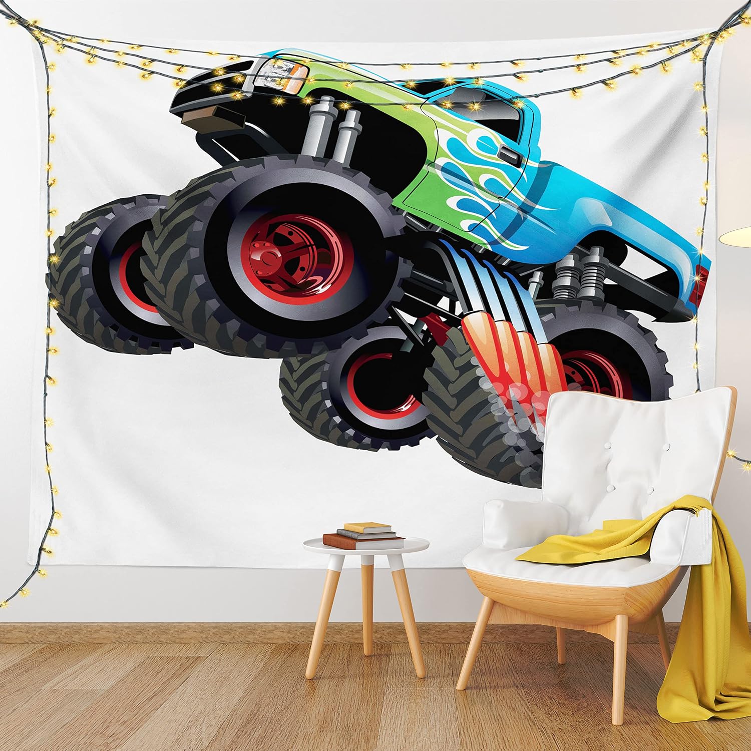 Ambesonne Cars Tapestry, Cartoon Monster Truck Cool Vehicle Modified to The Perfection Colorful Design, Wide Wall Hanging for Bedroom Living Room Dorm, 80" X 60", Aqua Green Black