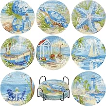hkejoi 8 Pcs Beach Diamond Art Coasters Kit for Adults, Beach Diamond Painting Coasters with Holder, 5D Gem Art DIY Crafts Diamond Dots for Gift Life