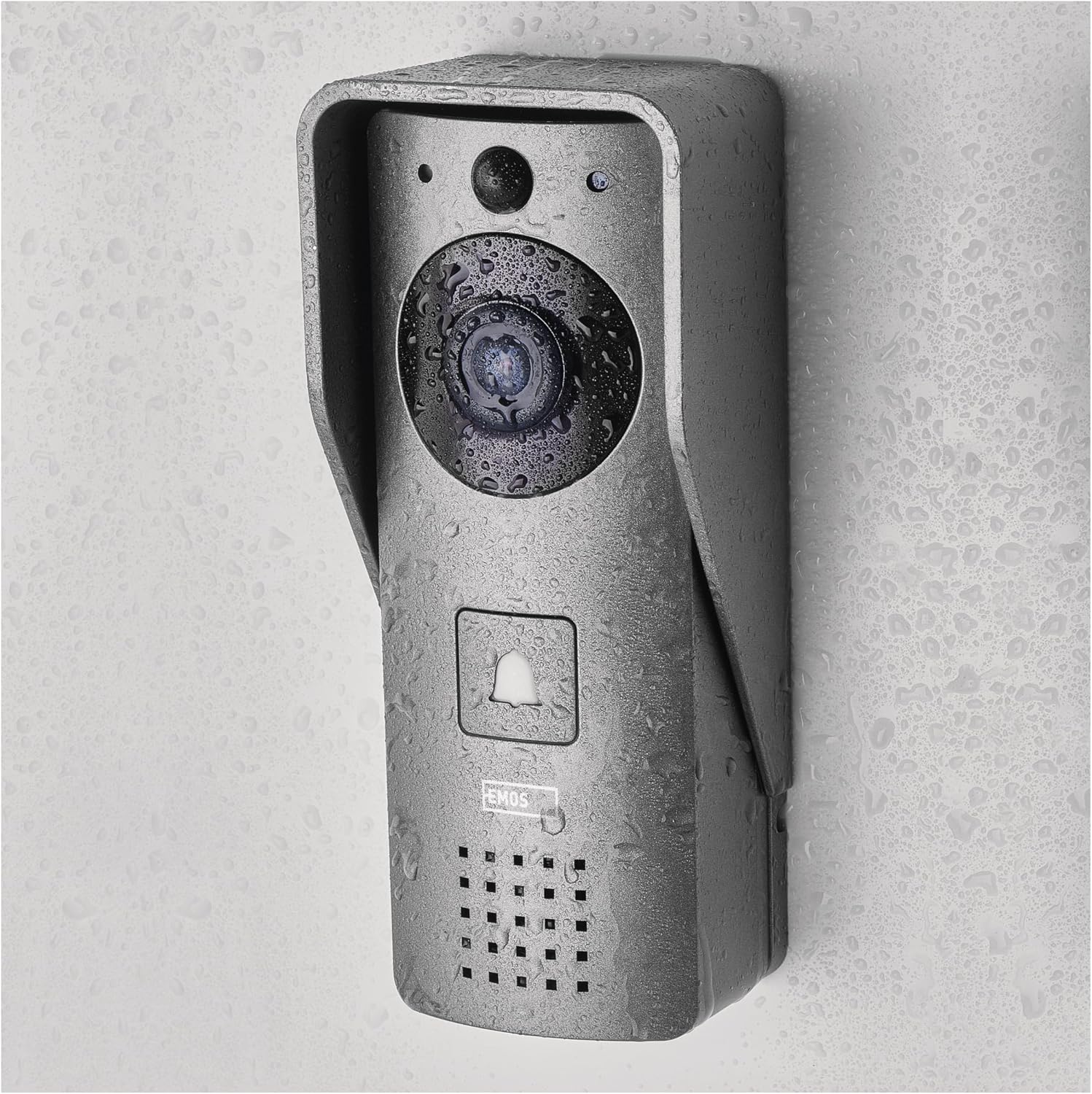 EMOS GoSmart IP-09D CLOC Smart Video Doorbell installed on a wall, showing its weather-resistant design with water droplets