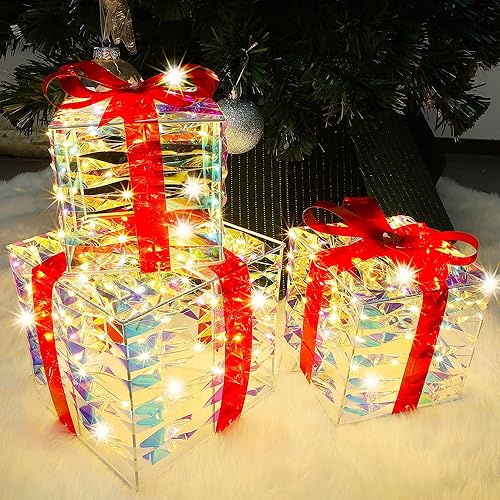 Miniatura 7 de Lulu Home Juego de 3 cajas de regalo iluminadas de Navidad, cajas de luz preiluminadas de 140 LED con lazos rojos, cajas de Navidad iluminadas con