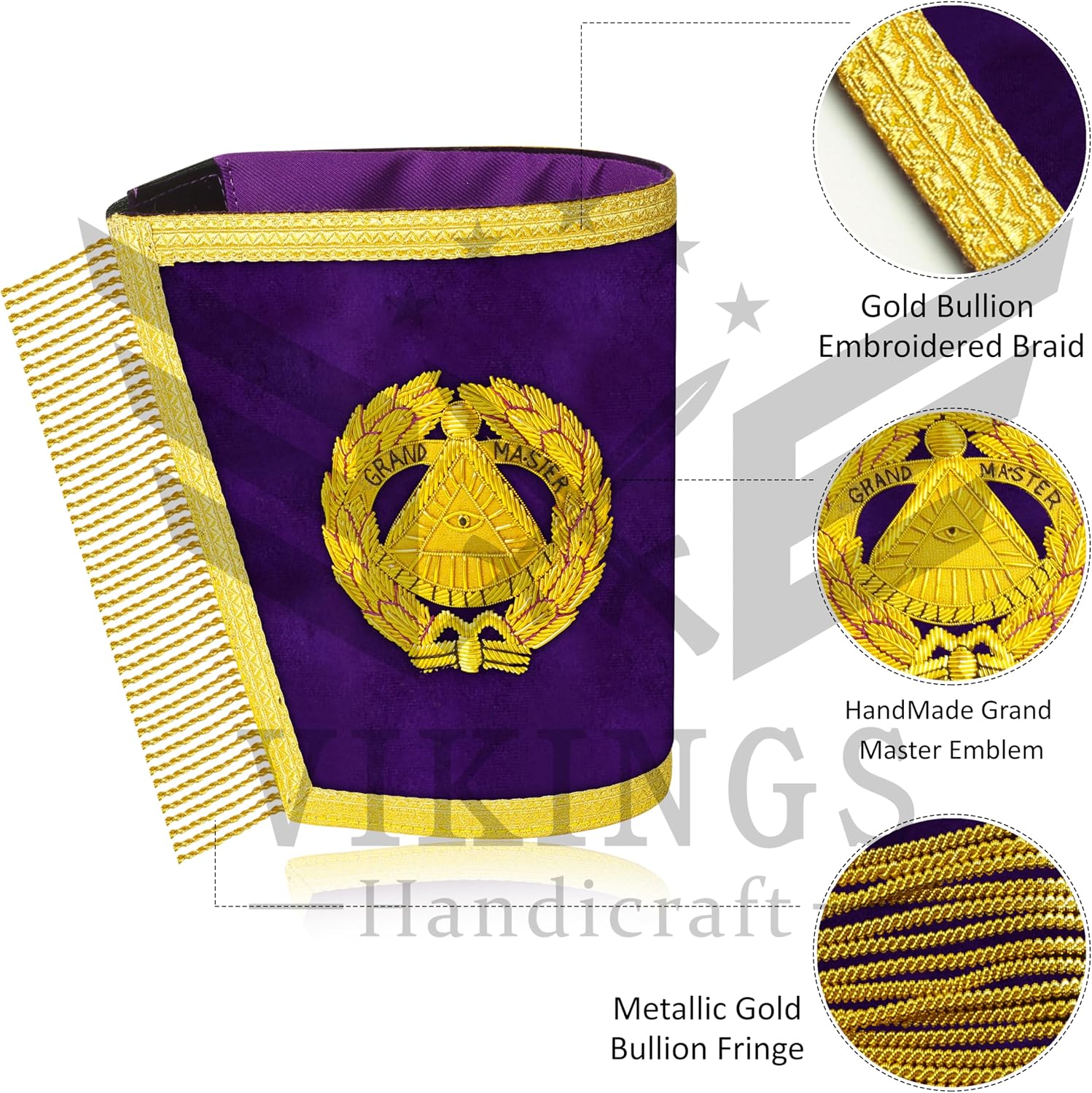 Masonic Regalia Grand Master Apron Set With Chain Collar, Matching Jewel & Bullion Wire Matching Cuffs - Freemason Ceremony Regalia Outfit