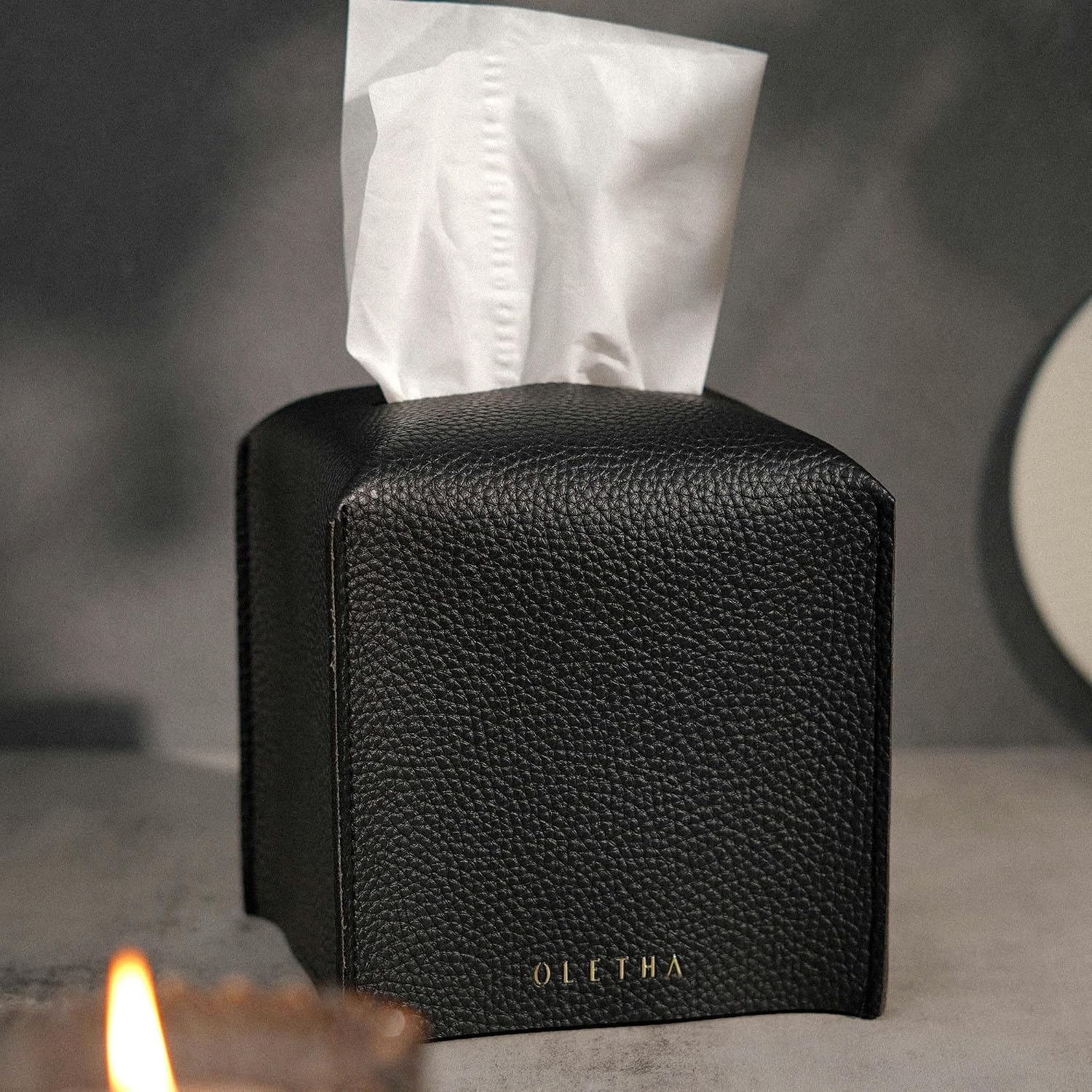 OLETHA Square Tissue Box Cover, Aesthetic Desk Decor, Black image 2
