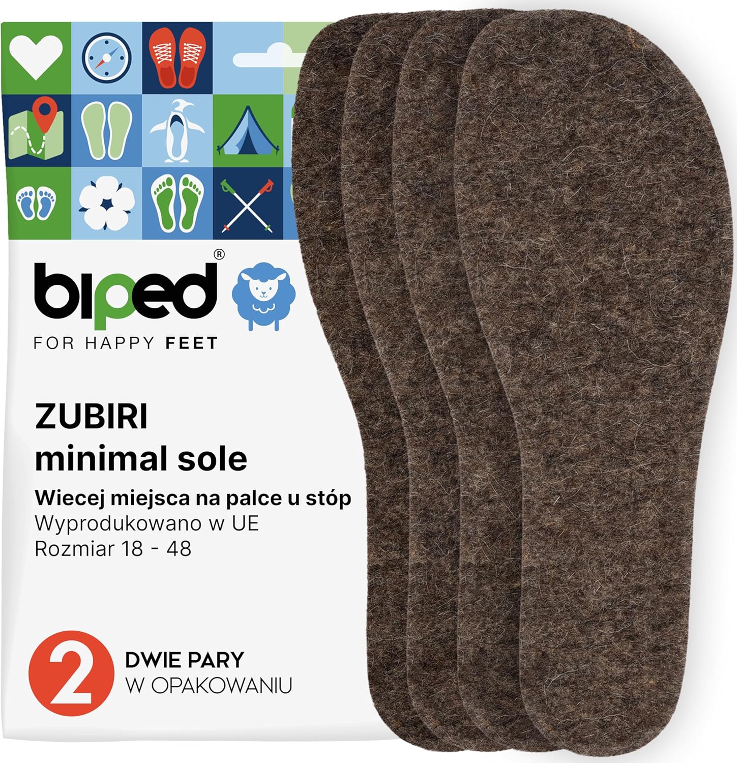 biped minimal sole ZUBIRI - 2 pary wkładek do butów barefoot - wkładki z prawdziwego filcu wełnianego - pasują do butów minimalistycznych dla dorosłych i dzieci(44)