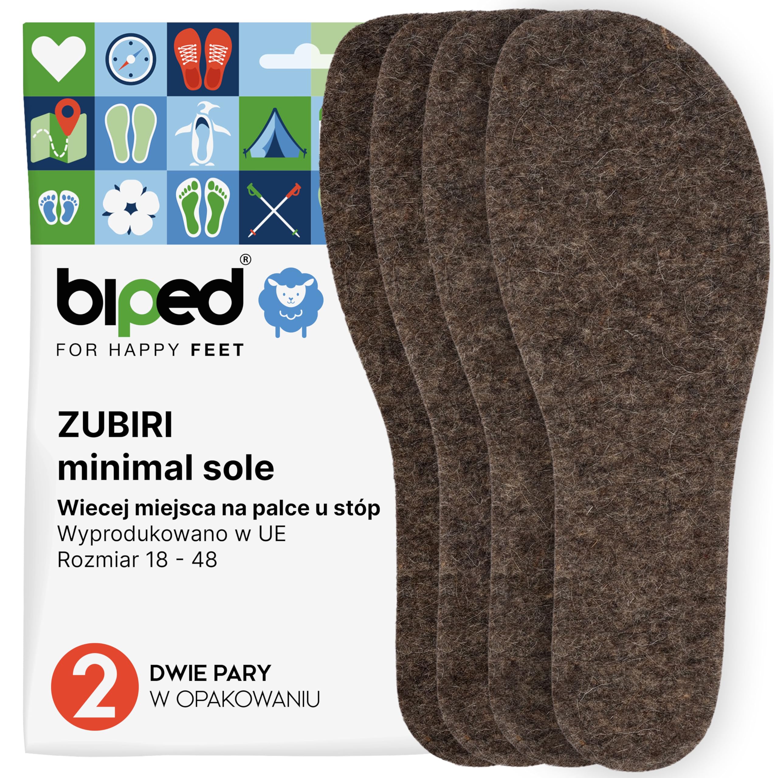 biped minimal sole ZUBIRI - 2 pary wkładek do butów barefoot - wkładki z prawdziwego filcu wełnianego - pasują do butów minimalistycznych dla dorosłych i dzieci(42)