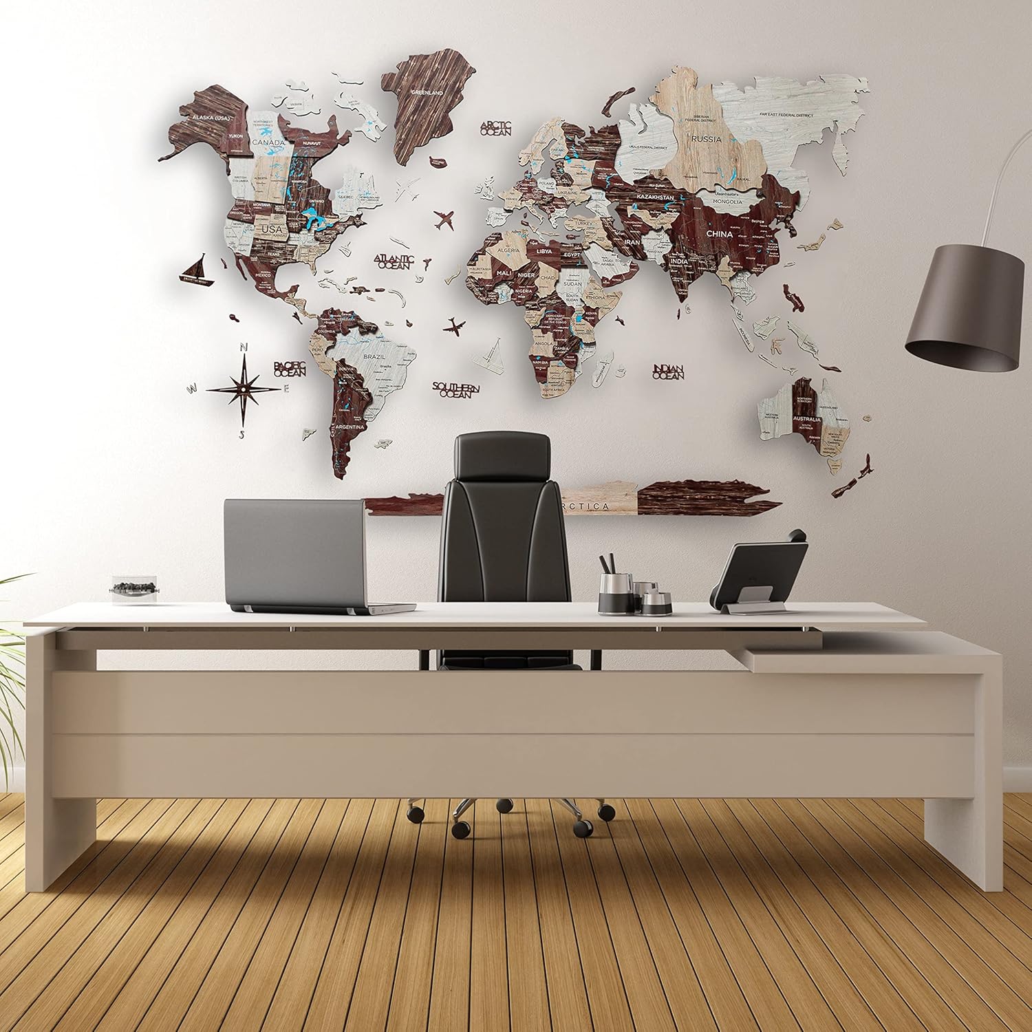 3D Wooden World Map House Decor Living Room 3D Home Wall Art Office Decoration Wood Wall Decor World Map 3D Art Large Travel Gift Office Bedroom (Medium, Cappuccino)