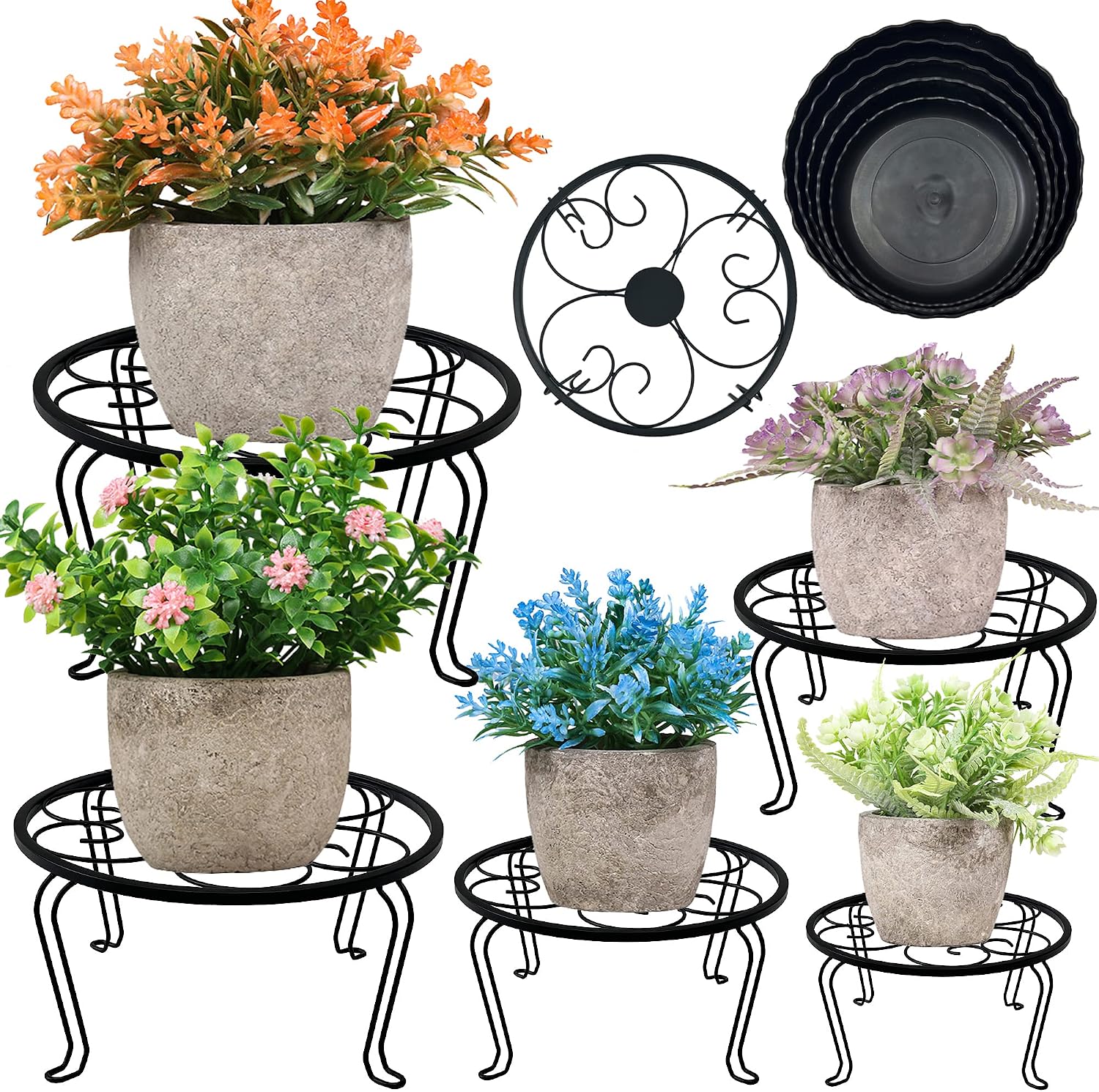 HAINARverS 5-Pack Metal Plant Stands&Plastic Plant Saucer for Indoor Outdoor,Heavy Duty Rustproof Iron Corner Flower Pot Stand Holder,Round Tiered Plant Stand Shelf For Home & Garden Décor Multiple (Black)