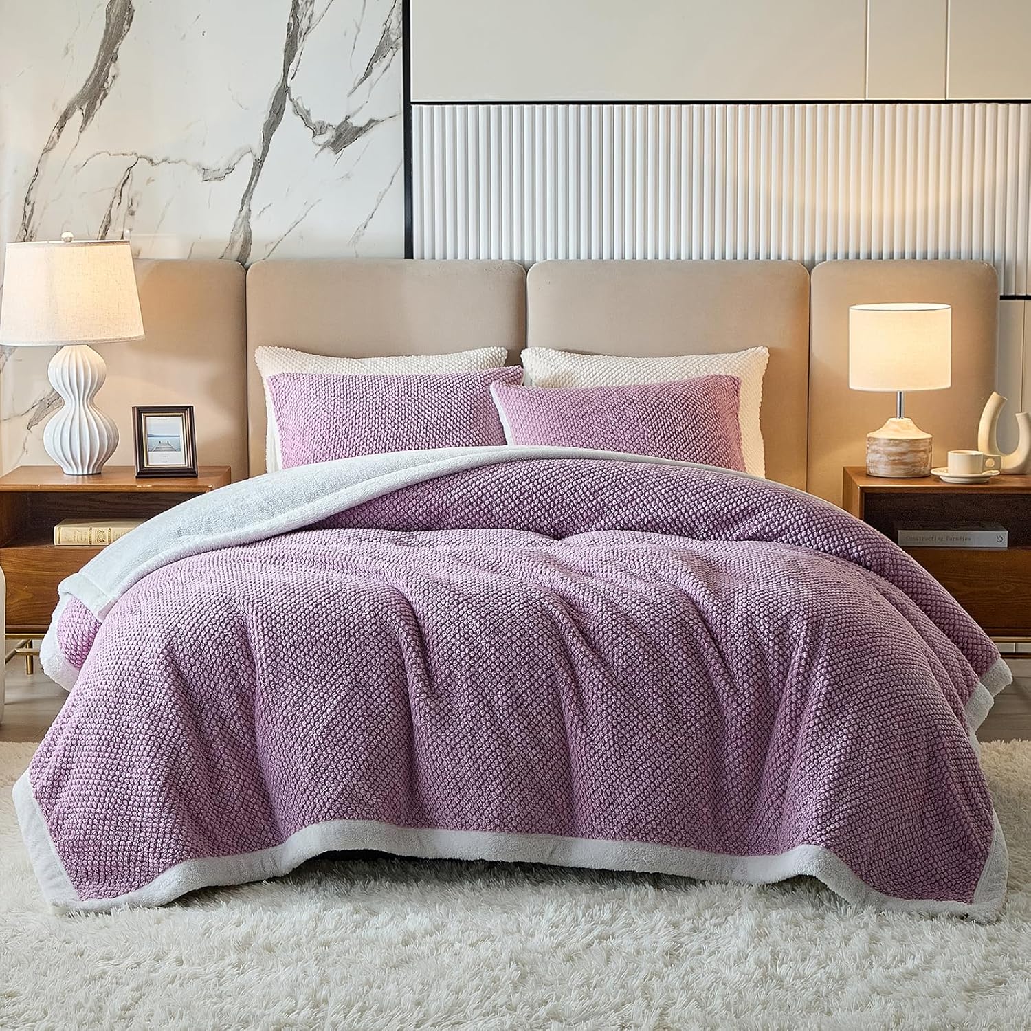 Luxury Flannel Fleece Sherpa Blankets Twin Size for Bed, Jacquard Boho 3-Layer Thick and Warm Blanket for Winter, Soft Cozy Fuzzy Plush Velvet Blanket with 2 Pillow Cases, Purple, 68x86 Inches - Image 2