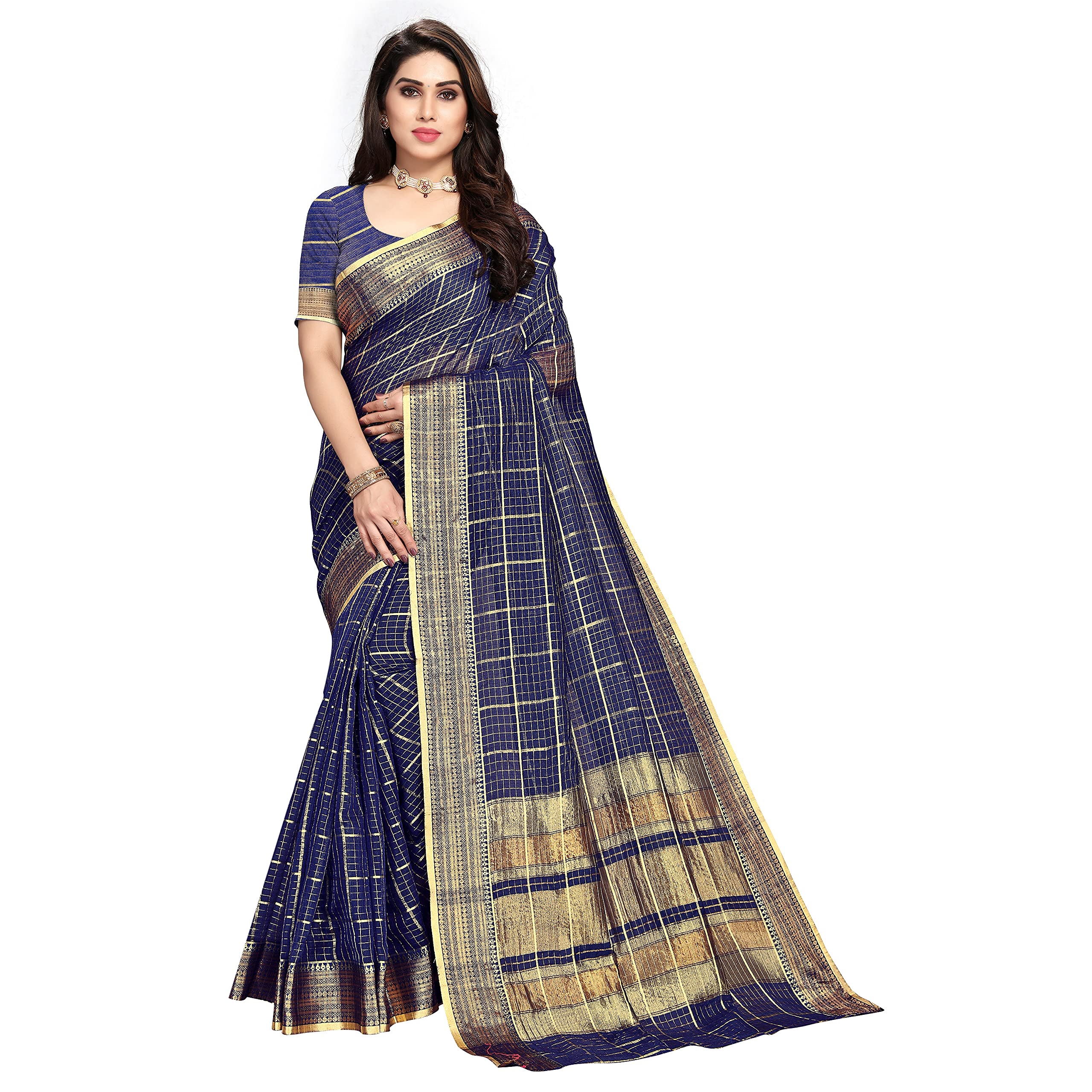SidhidataTextile Women's Kota Doria Cotton Saree With Unstitched Blouse Piece (C Navy Blue)