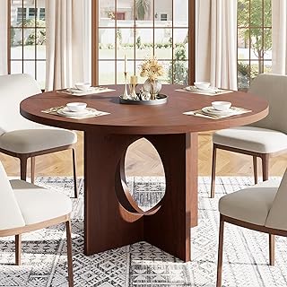 Garvee 47" Round Dining Table for 4-6 People - Circle Kitchen Dinner Table with Sturdy Pedestal Base, Space Saving Dinning Room Furniture for Living Room, Kitchen, Apartment, Walnut