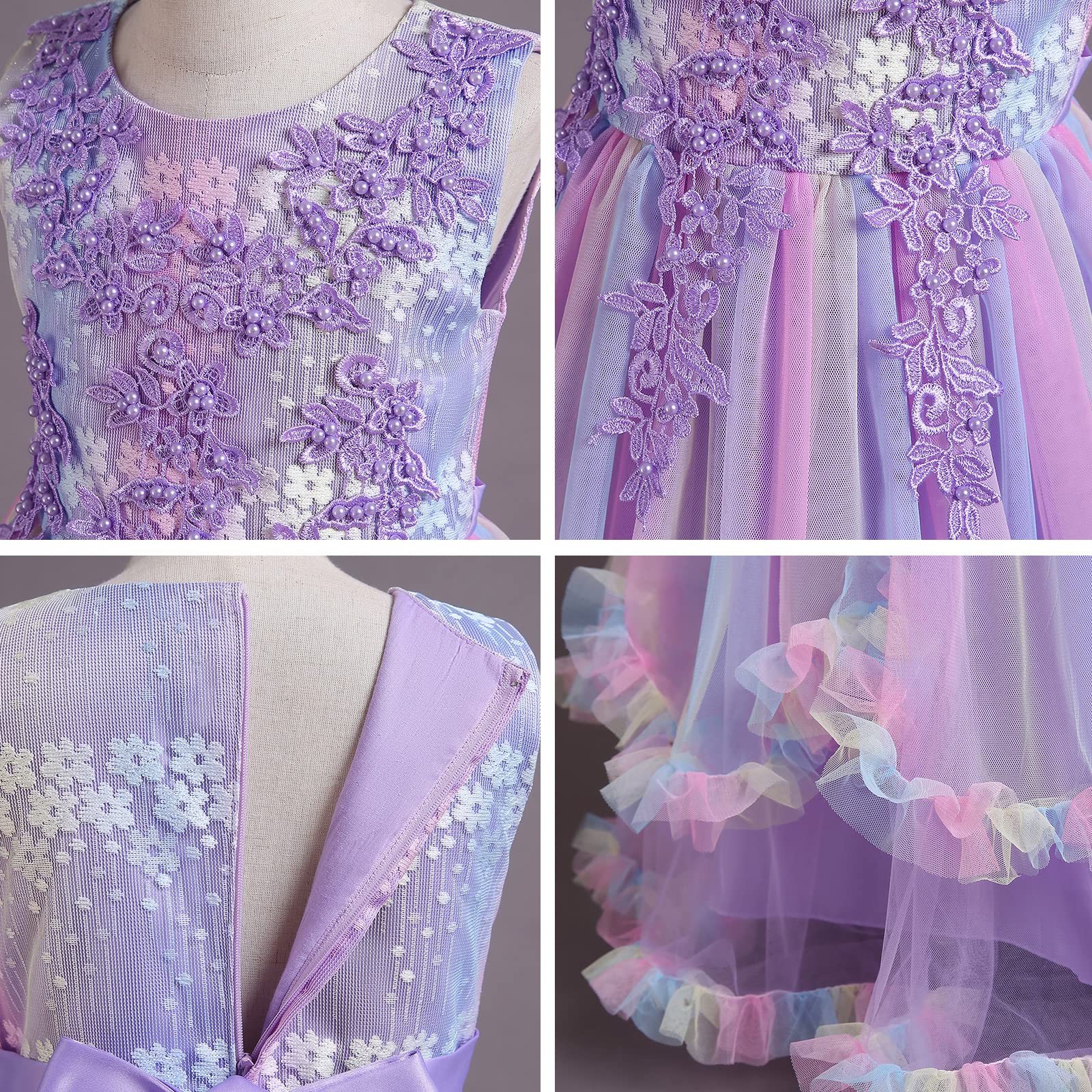 IDOPIP Enfants Filles sans Manches Dentelle Broderie Mariage Demoiselle d'honneur Princesse Couches Tulle Robes de fête soirée Bal Robe de Bal