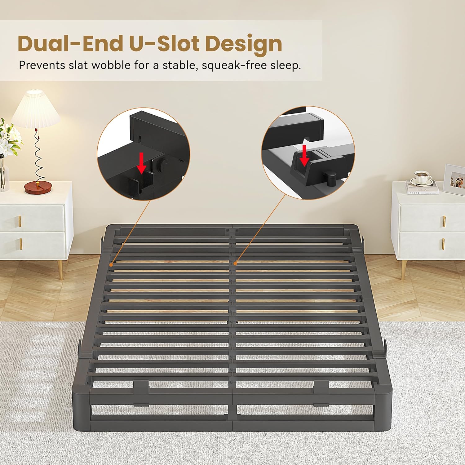 6 Inch King Size Bed Frame with Rounded Corner and Squeak Free U-Slot Design, Metal Platform Bed Frames 6 Non-Slip Guards, 3500lbs Heavy Duty Steel Slat Support, No Box Spring Needed, Black