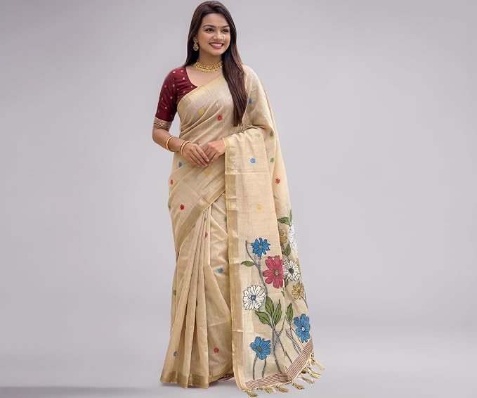 SGF11 Women's Soft Cotton Linen Silk Saree With Blouse Piece