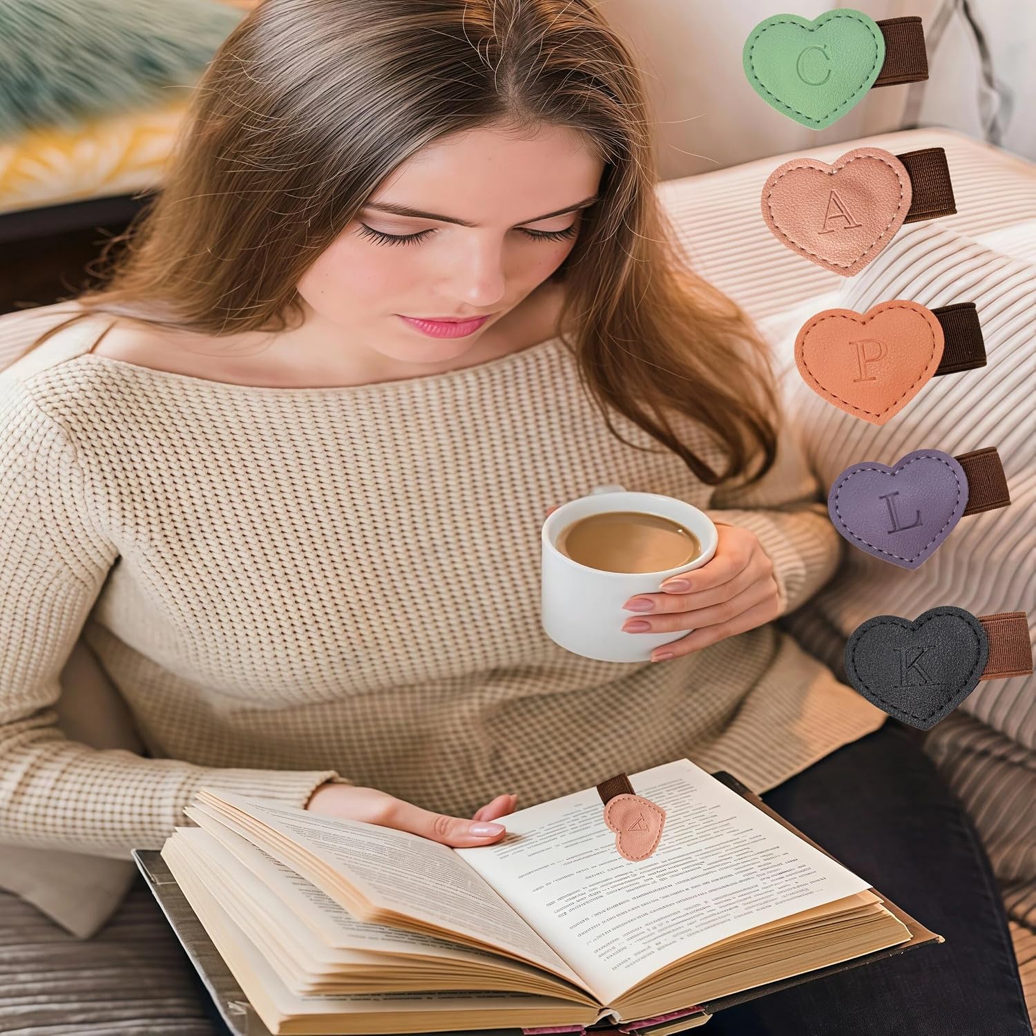 Personalized Magnetic Leather Heart Bookmark with Pen Holder - 26 Letters Custom Book Mark Notebook Pencil Loop with Initial Book Marker for Readers, Book Lovers- Gifts for Women Men(Pink,V) image 2