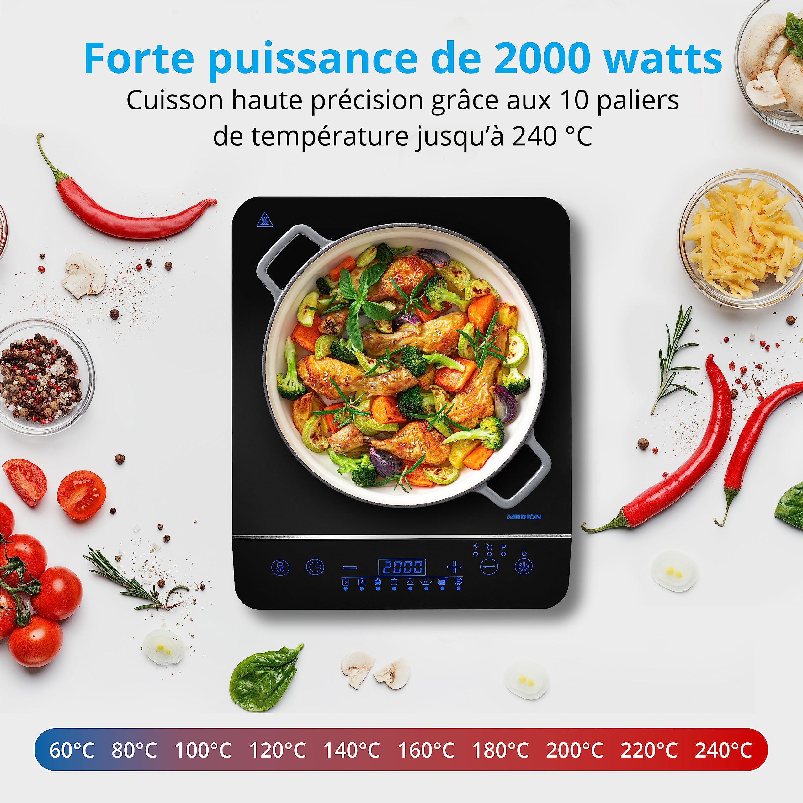 MEDION Plaque de cuisson à induction, 2000 Watt, Plage de température 60-240°C, 8 programmes automatiques, 10 niveaux de puissance, Ecran LED, MD 17595, noir