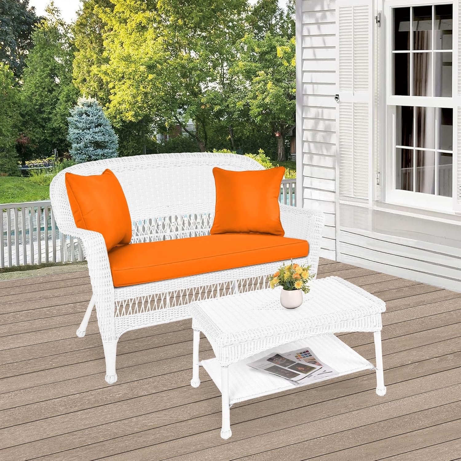 Jeco Wicker Patio Love Seat and Coffee Table Set with Orange Cushion, White