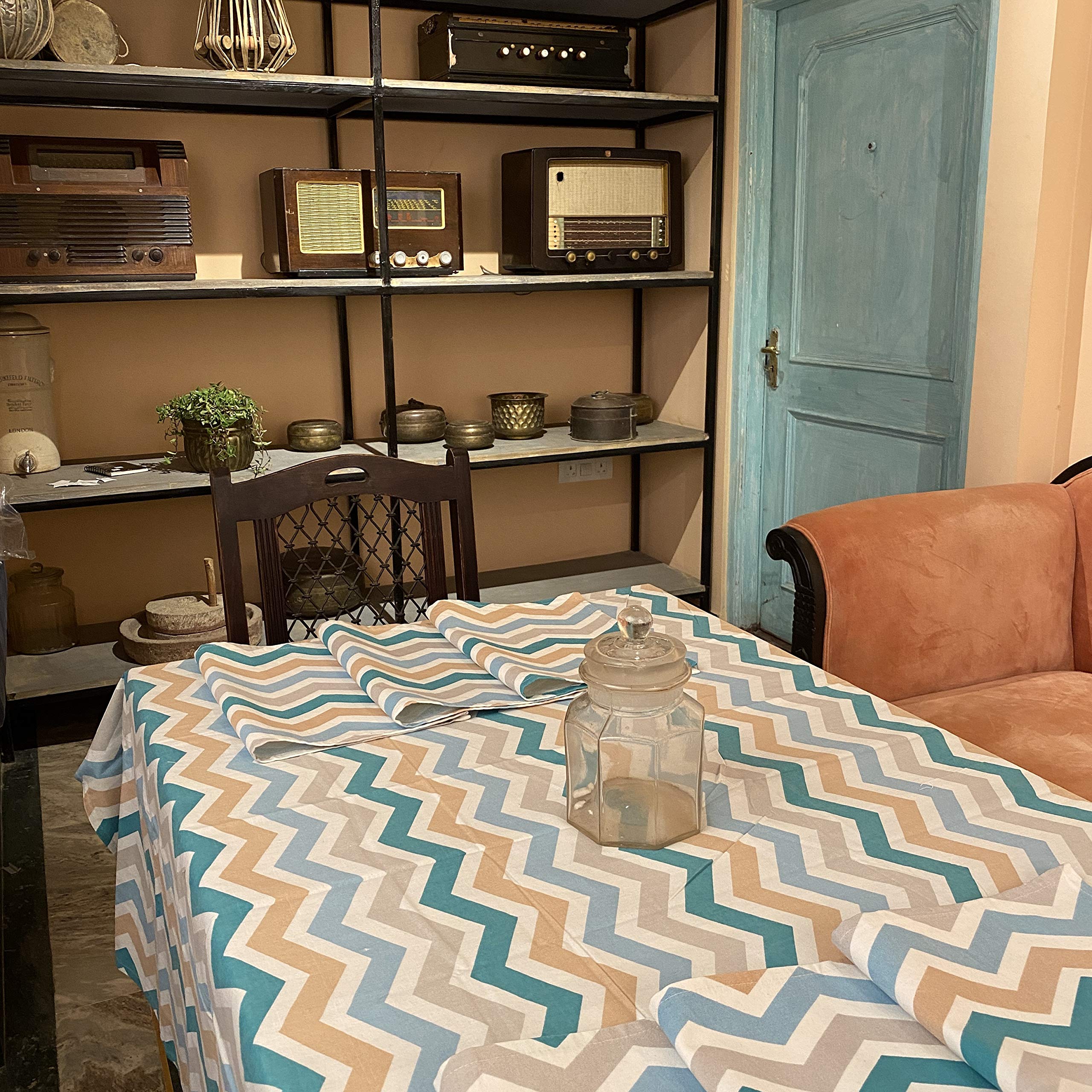 AjunyRectangular Multicolor Table Cloth Cotton 60x90 Inch 6 Seater Chevron Pattern for Coffee Table Decor 6 Placemats 12x18 Inch