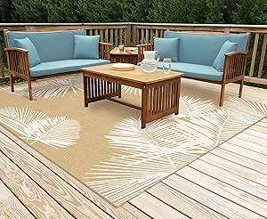 Liora Manne CARMEL Indoor/Outdoor Power Loomed Synthetic Blend Low Profile Area Rug - Transitional Tropical Botanical Leaf Decorative (Palm Sand) (7'10" Square)