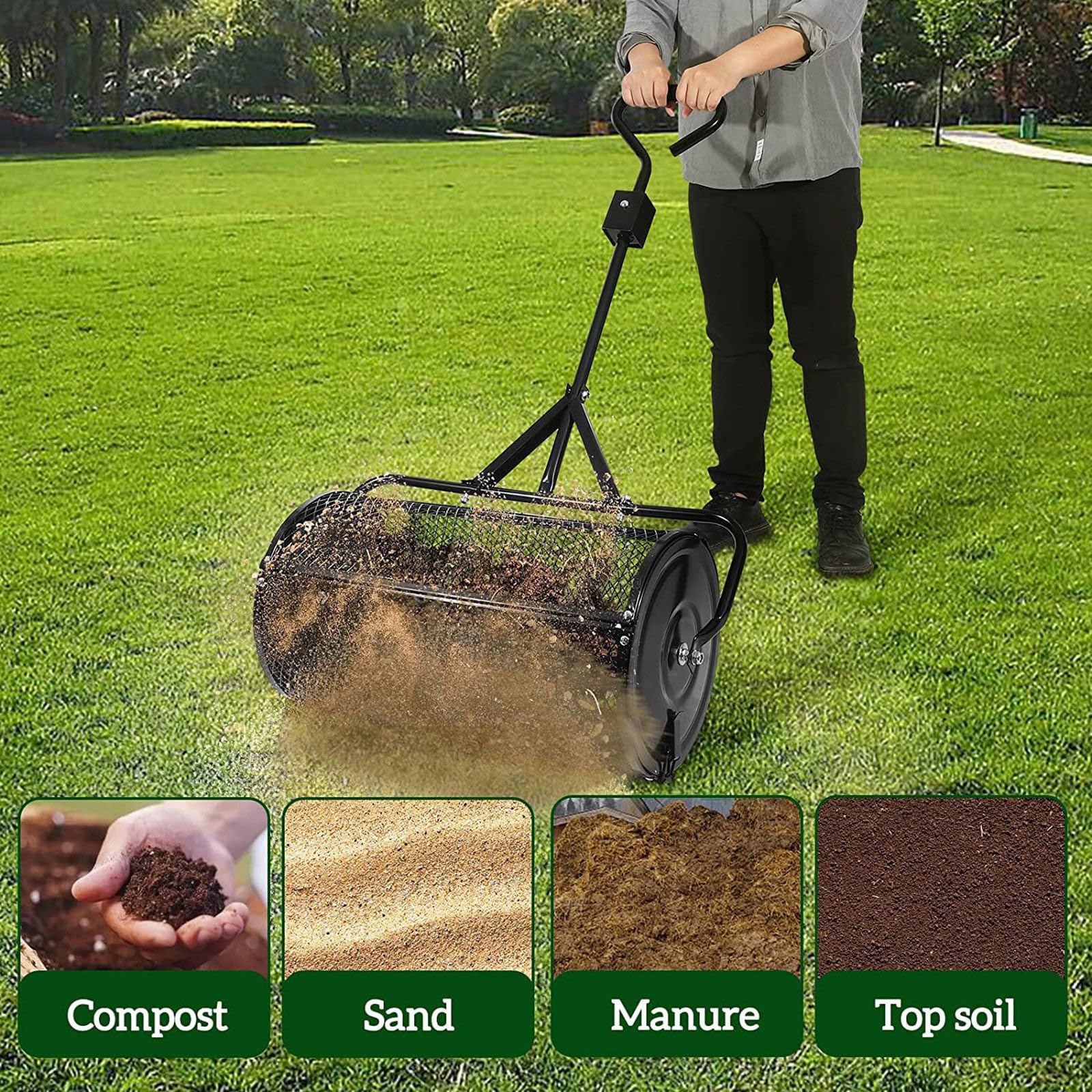 Esparcidor de abono (32 x 60 cm) – Cesta de malla de metal resistente, esparcidor de estiércol de turba y musgo, para plantar semillas, césped, cuidado del jardín, color negro