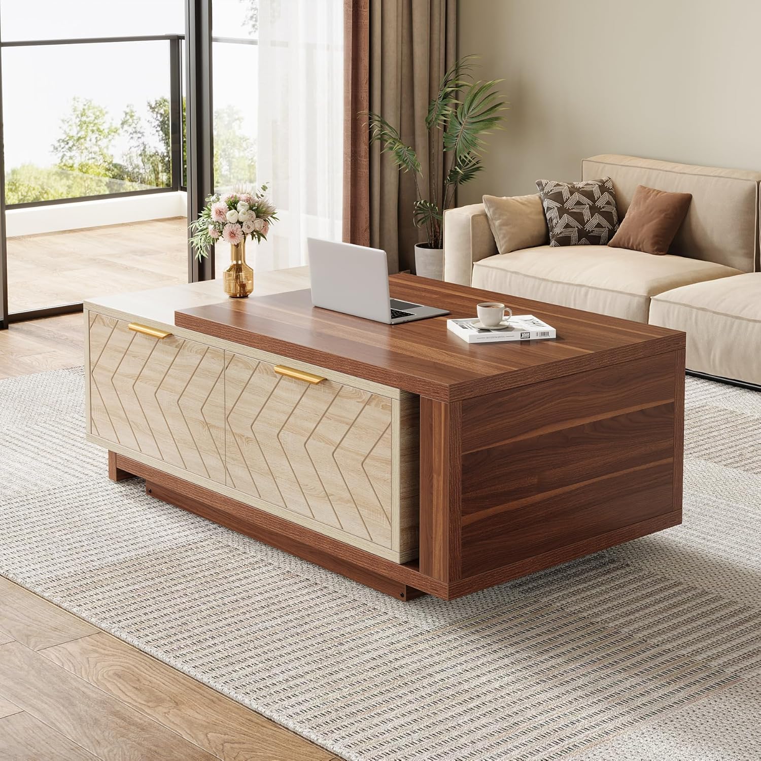 Tribesigns Adjustable Extendable Coffee Table with 2 Drawers, 42"-65" Length Reversible Center Table Storage for Living Room with for Living Room (Walnut & Oak)