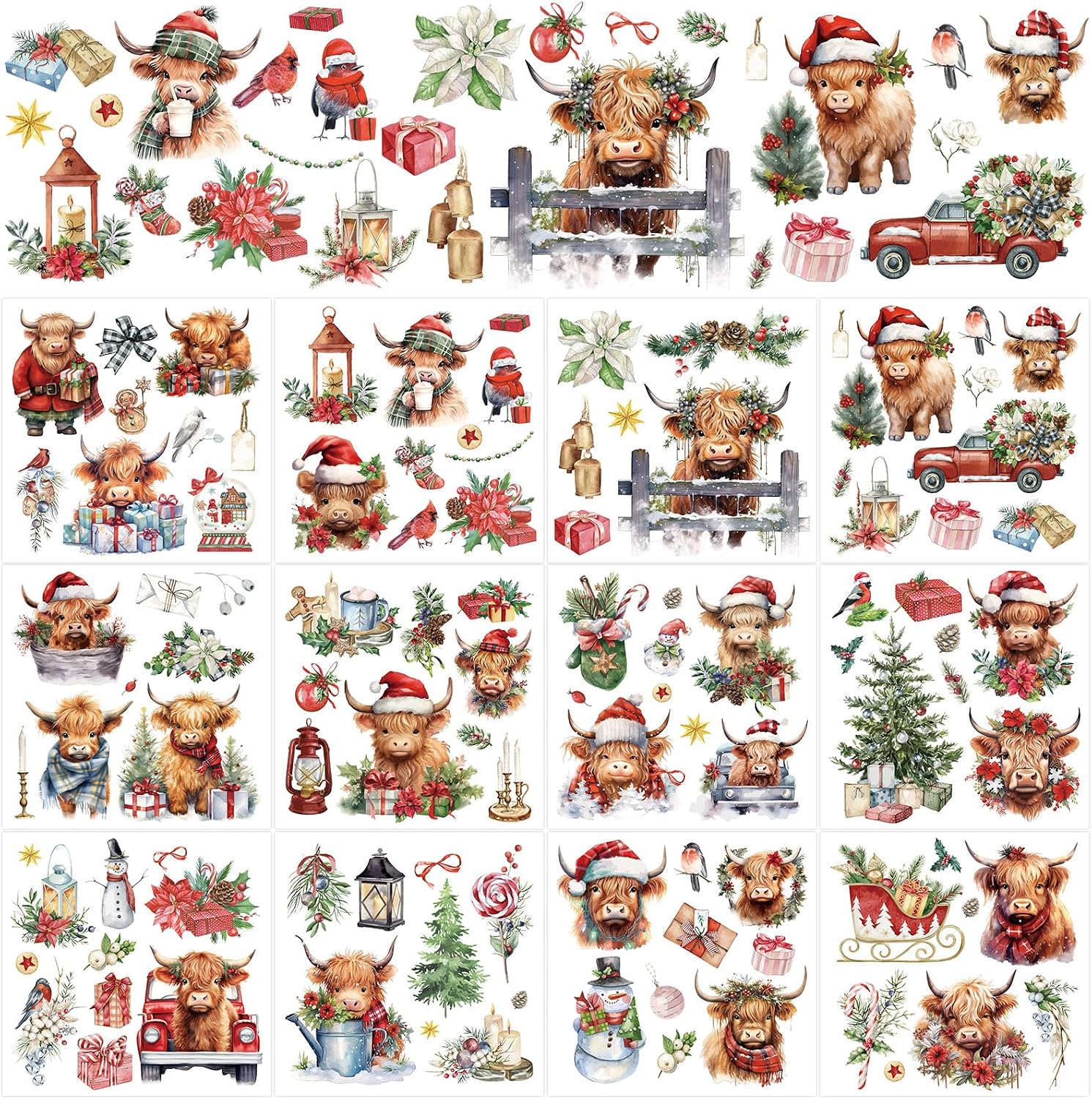 Whaline 12 Sheet Christmas Highland Cow Rub on Transfers Xmas Tree Gifts Cow Transfer Stickers Rustic Furniture Decals for Home Office Paper Wood DIY Crafts, 5.9 x 5.9 Inch