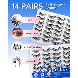 BEYELIAN 14 Pairs False Eyelashes Fluffy D Curl 10-18MM Long Wispy Lashes Pack, Soft and Lightweight 3D Volume Faux Mink Lashes, Reusable, Easy to Apply (14P-HSCS-12)