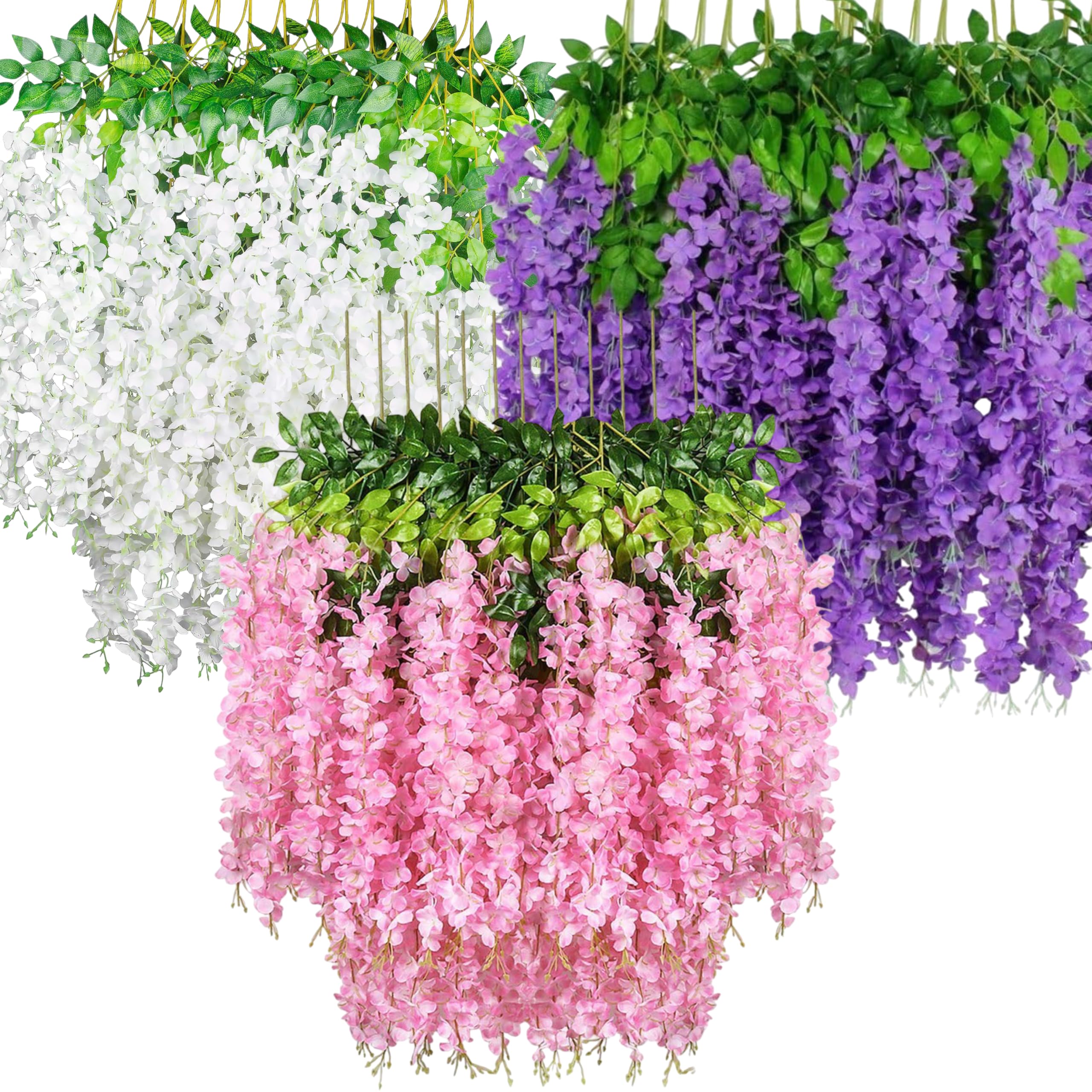 Eleganiq Polyester Artificial Hanging Flowers for Ceiling Balcony | Wisteria Vine | Home Party Decor Garden Outdoor Greenery Office Wall Decoration [ Pink, White & Purple] [Pack of 12]-image-48