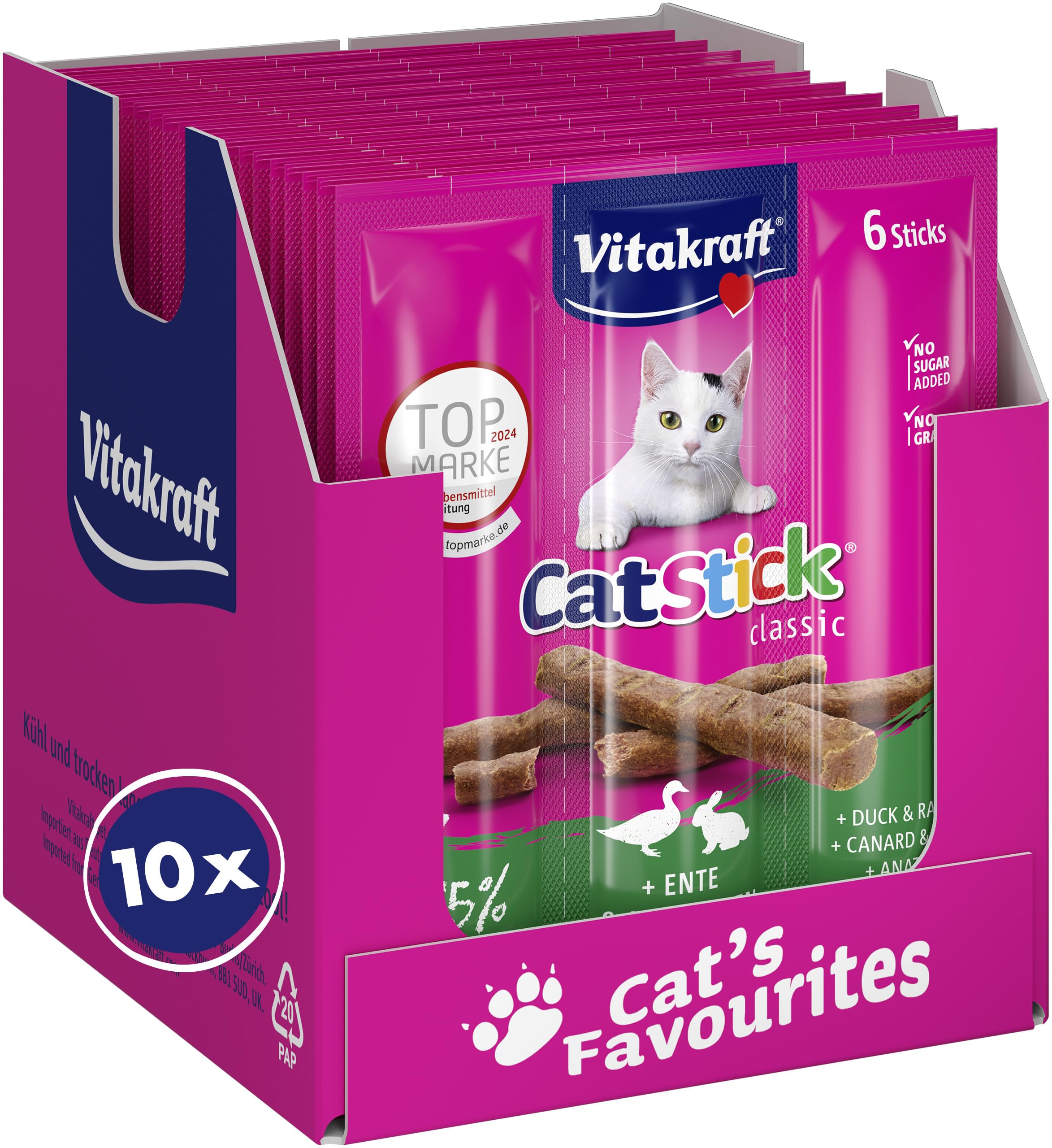 Vitakraft Cat Stick Classic, Katzen Leckerli, fleischiger Stick, mit Ente und Kaninchen, Vorratsgröße (10x 36g)