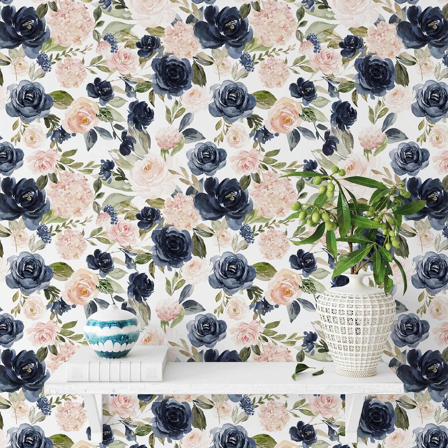 Light Pink Floral Peel and Stick Wallpaper Vintage Blue Blossoms Rose Contact Paper Removable Self Adhesive Wall Paper for Bedroom Drawer Cabinet Shelf 17.7"x118"