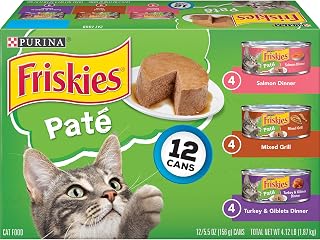 Friskies Pate Wet Cat Food Variety Pack: Salmon, Turkey & Giblets, Mixed Grill - 24 x 5.5oz Cans for Adult Cats
