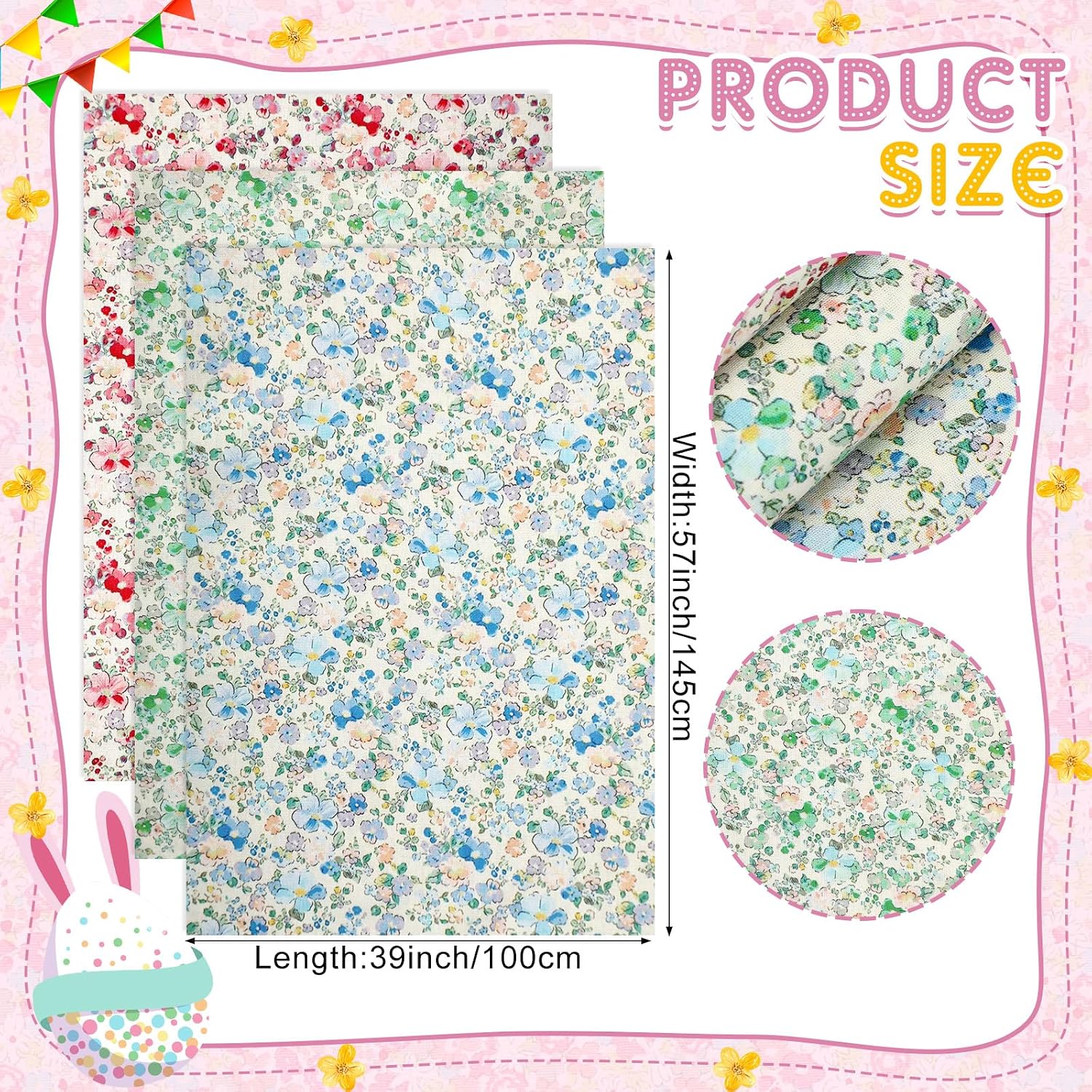 3 Pcs Floral Cotton Fabric Bundles 57" x 39" Precut Sewing Fabric by The Yard Soft Flower Printed Cloth for Dressmaking Quilting Patchwork DIY Crafts(Fresh Color) image 2