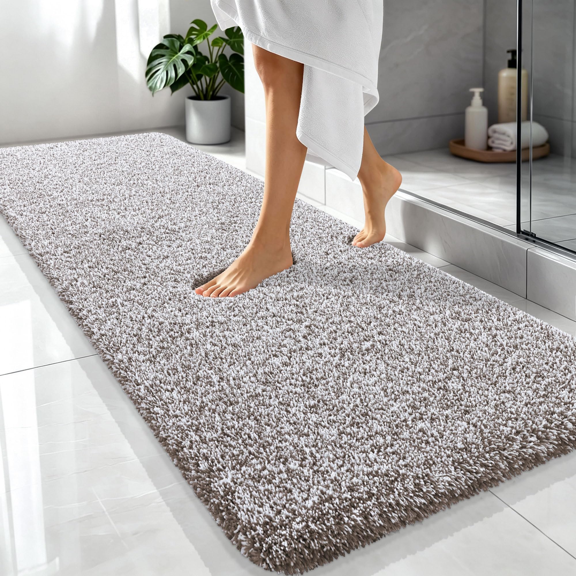 OLANLY Microfiber Bathroom Rugs 70x24, Quick Dry Bath Mat, Brown and White