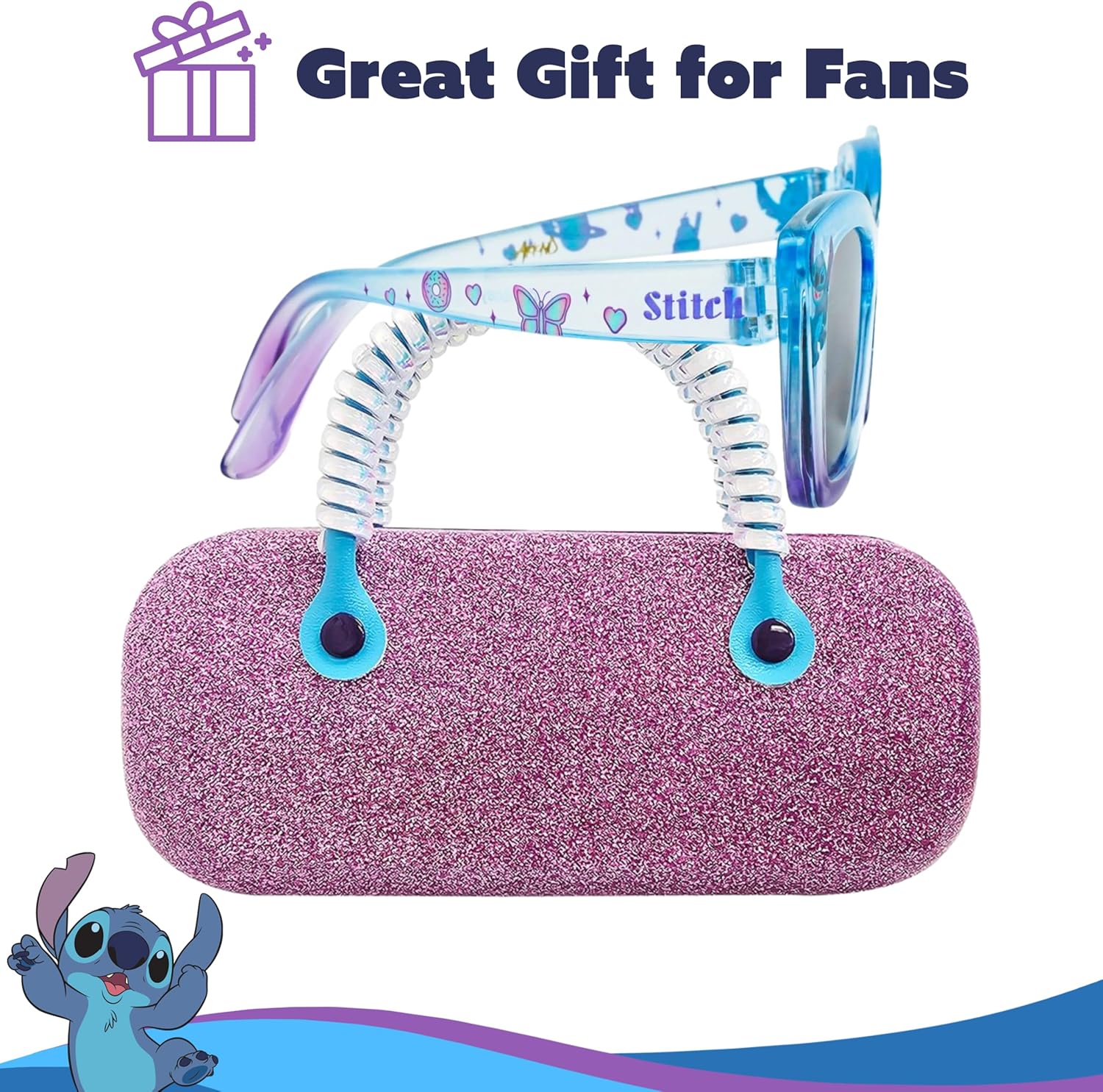 Arkaid Stitch Girls Sunglasses with Case | Official Disney Mini-Handled Sunglasses Case and UV 400 Shades | Kids Size