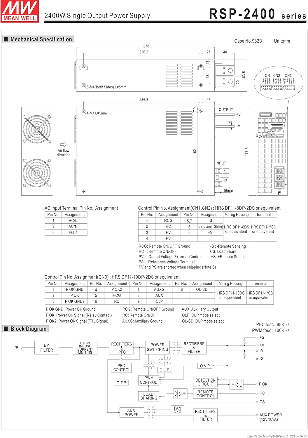 Mean Well RSP-2400-12 Mechanical Specification and Pin Assignments