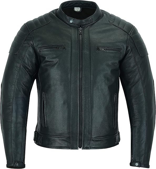 Texpeed Mens Leather Motorcycle Jacket - Touring Motorbike Jacket With Genuine Biker CE Armour (EN 1621-1) Protection Quilted Stitched Design - Black - S